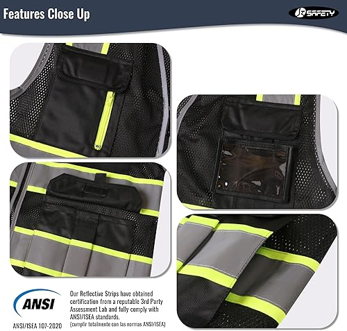 Miniatura 4 de JKSafety Chaleco de seguridad de malla de alta visibilidad con 9 bolsillos para hombres y mujeres, chaleco reflectante de seguridad, cremallera