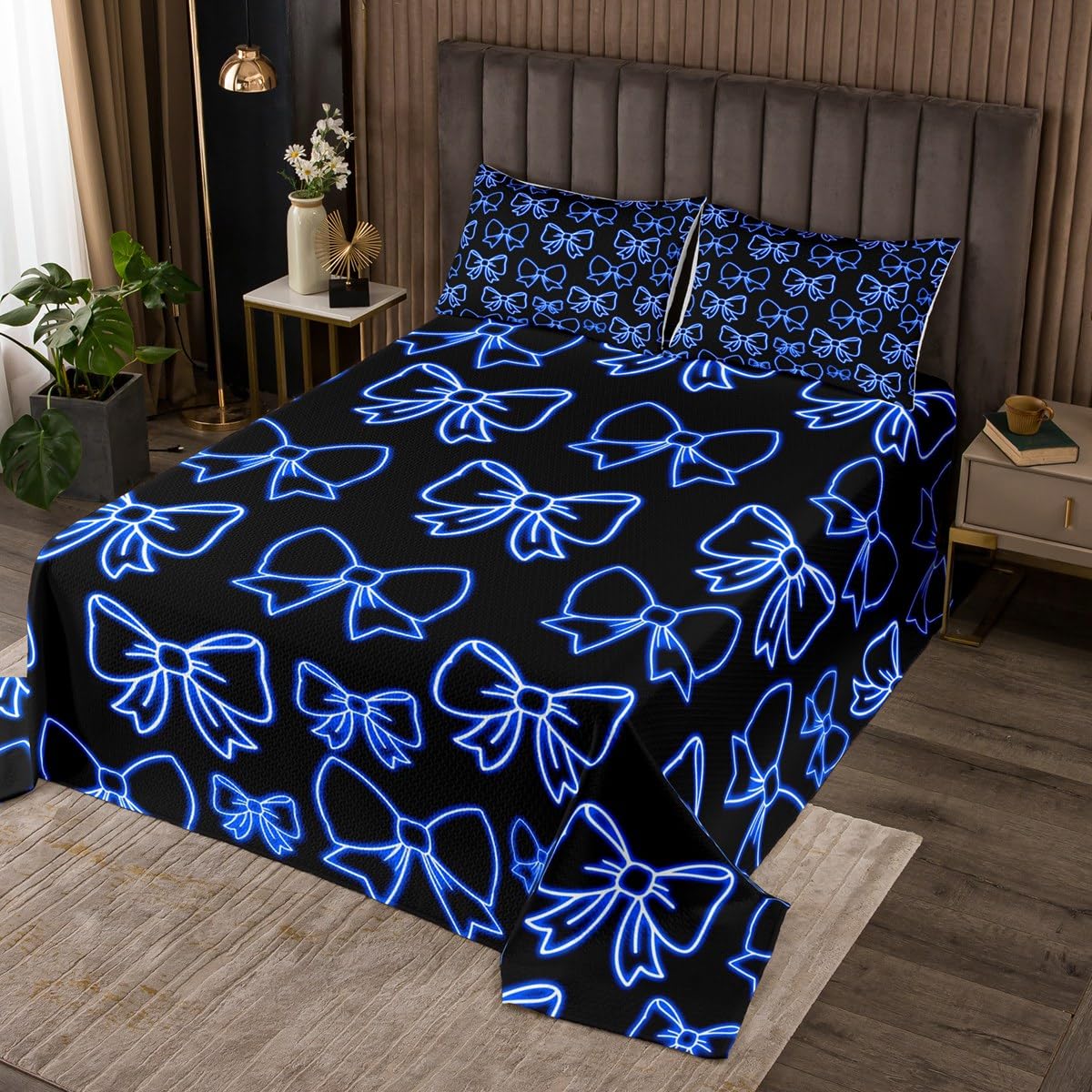 jejeloiu Bow Bedspread for Girls Bowknot Coverlet Set Queen Size Blue Black Kawaii Quilted Coverlet Cute Bedroom Decor Breathable Soft Lightweight Microfiber 3Pcs