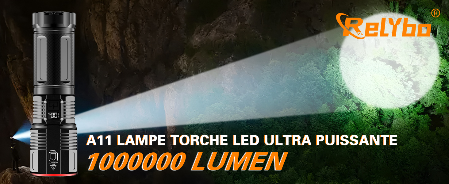 Lampe Torche LED Ultra Puissante Relybo 600000 Lumens - XHQ100 Rechargeable USB, Tactique Militaire Avec UV, Gradation Progressive