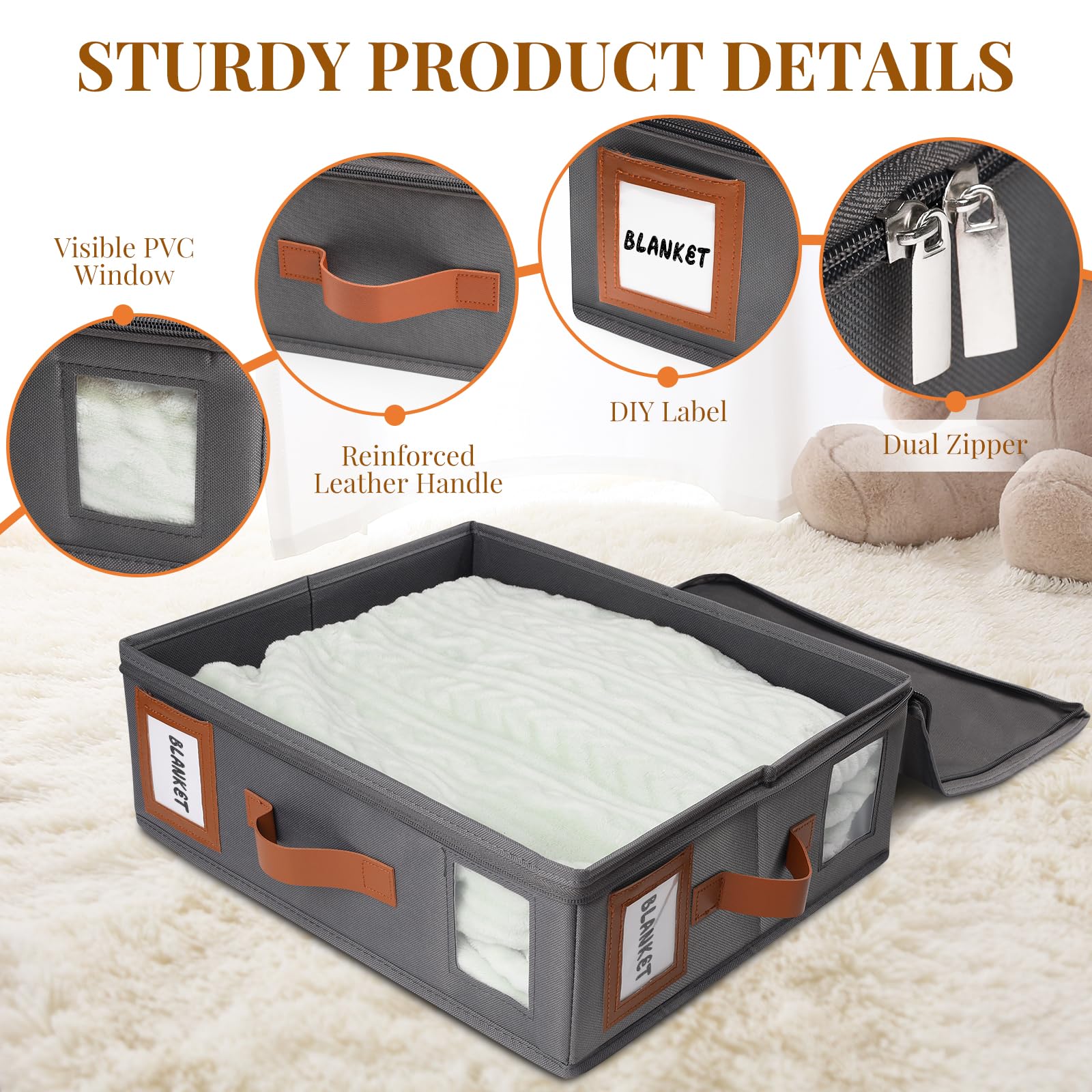 4 Pack Sheet Storage Organizer (King & Queen Size), Foldable Bed Sheets Set Organizers and Storage Organizers with Window, Folding Bedding Storage Organizer for Bedsheets, Blankets and Towel (Grey)