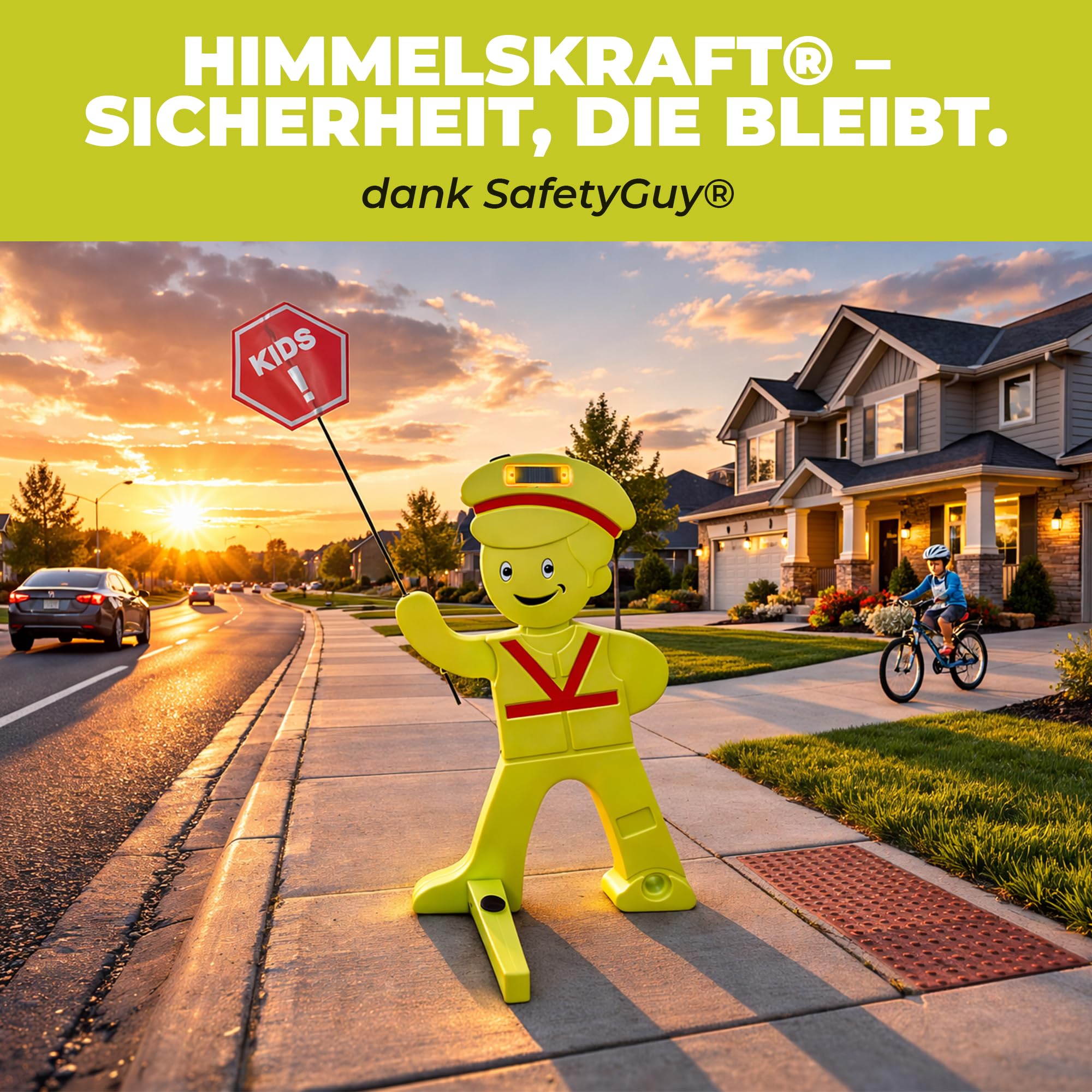SafetyGuy Achtung Kinder Aufsteller mit Reflektoren | 120 cm Kinderwarnaufsteller mit Reflektoren, breitem Standfuß und optionalem Solarlicht für Einfahrt, Spielstraße