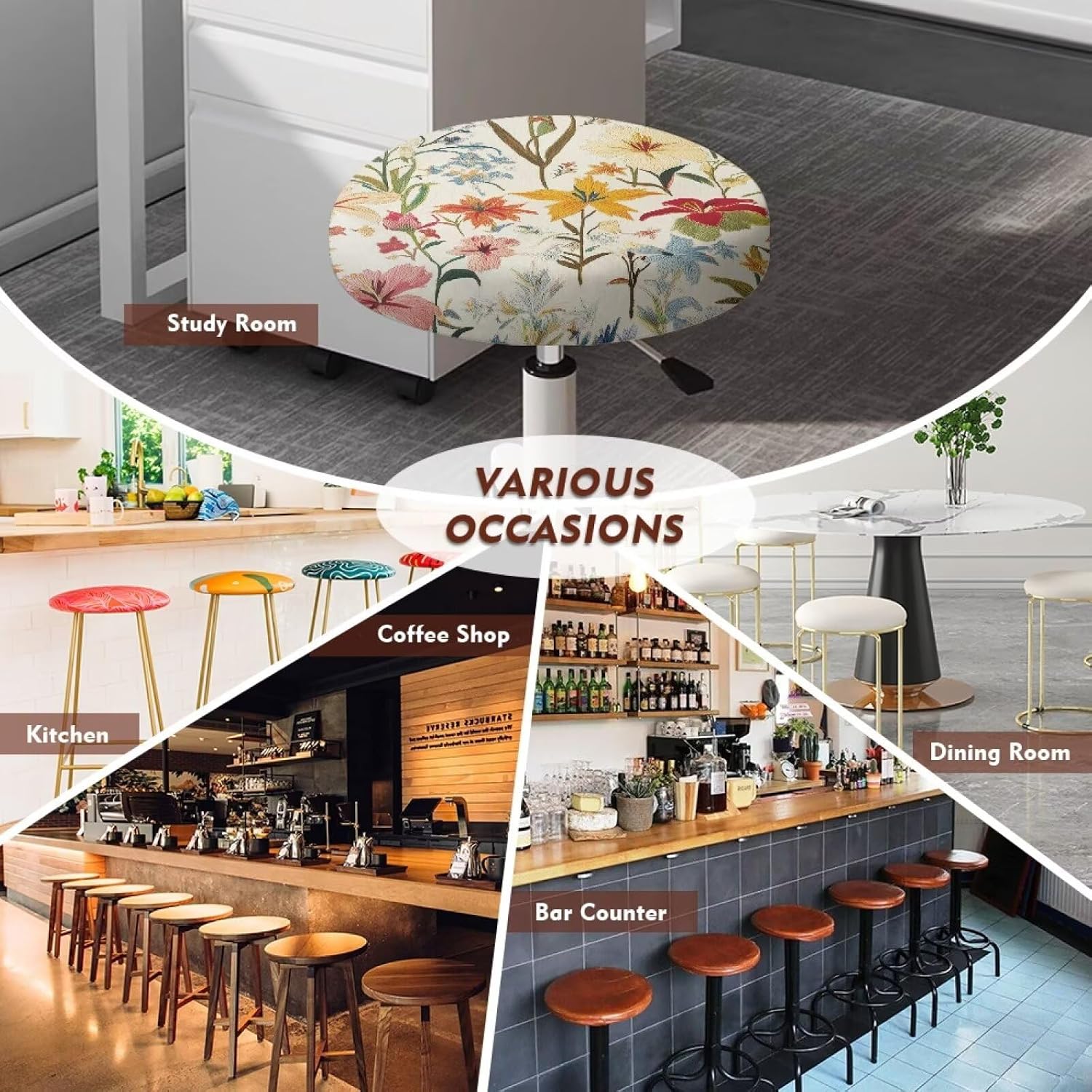 Floral Bar Stool Covers Elastic Band Bar Stool Seat Replacement Anti-Slip Barstool Seat Covers Non Slip Kitchen Decoration, Size S image 5