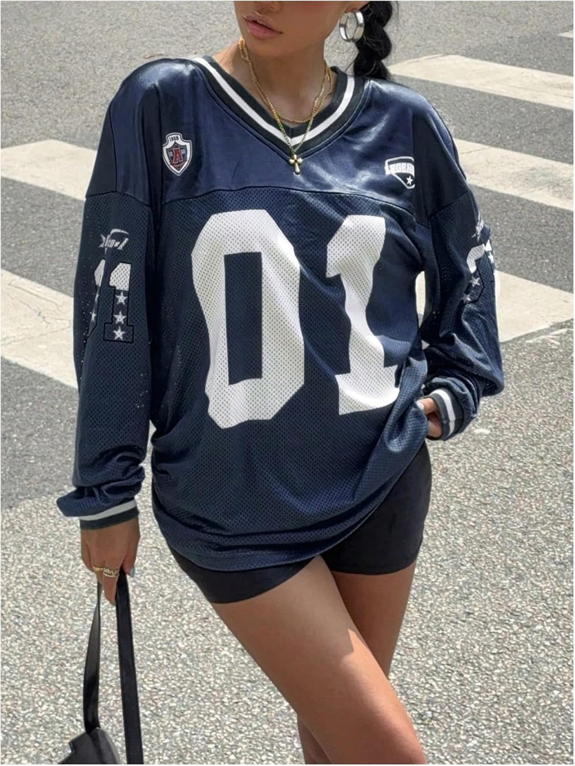 Women's Jersey Shirts Y2k Oversized T Shirt Number Letter Graphic Long Sleeve V Neck Sports Tee - Image 3