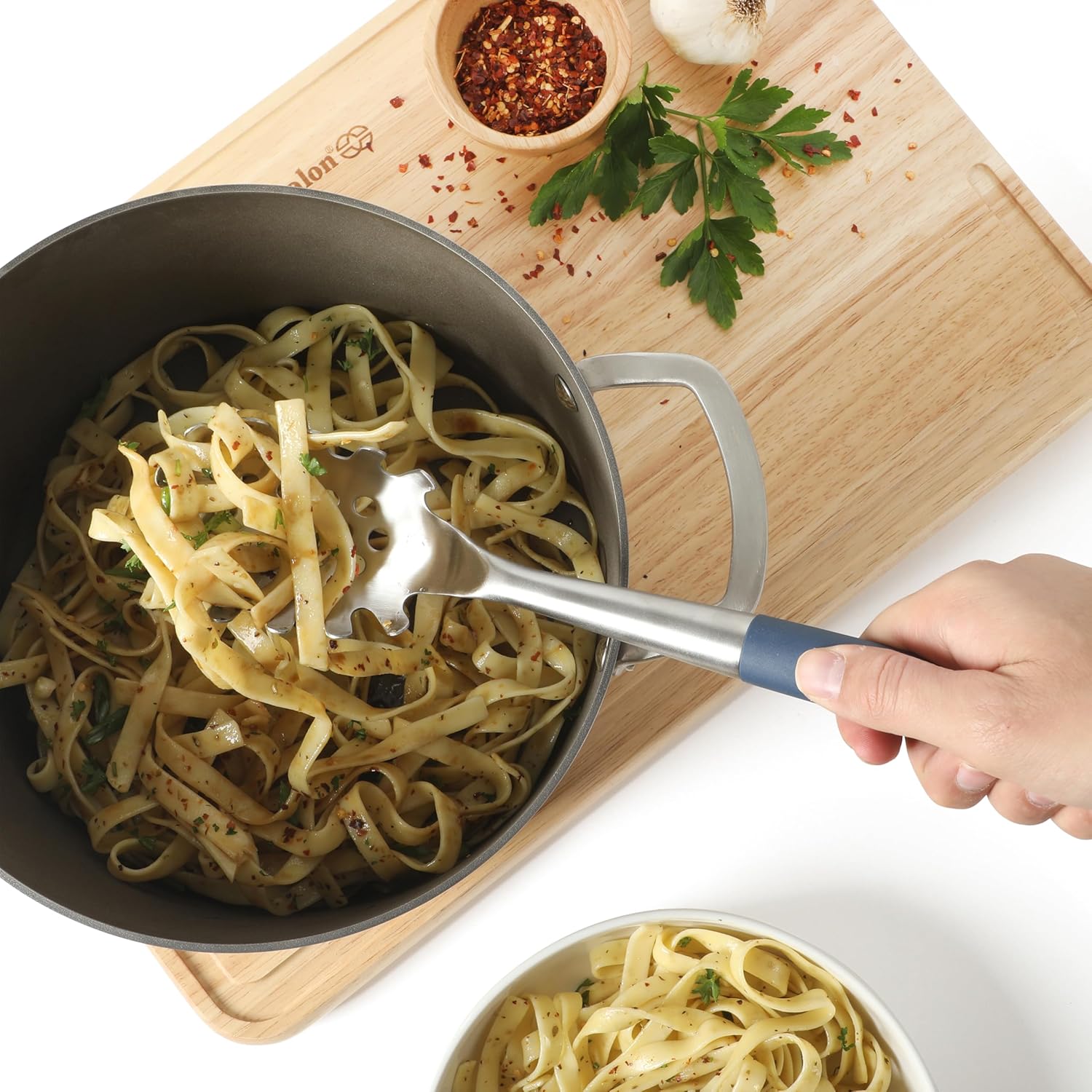 Calphalon Edge Pasta Server, Stainless Steel Spaghetti Server with Silicone Handle, Heat-Resistant Nonstick-Safe Pasta Serving Fork for Easy Serving, Navy - Navy Blue image 4