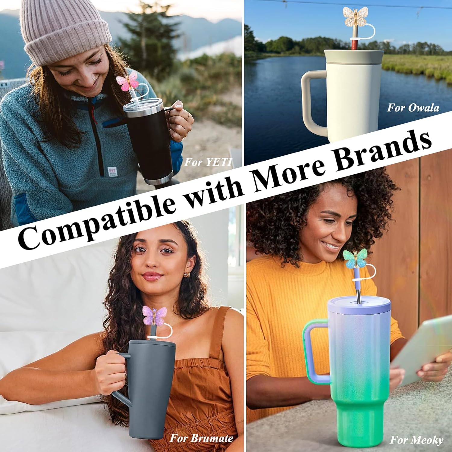 Butterfly Glitter Straw Covers - 4PCs Bling Straw Toppers for Stanley Quencher H2.0 30oz & 40oz Tumblers 10mm Reusable Silicone Accessories for All Ages - Image 7