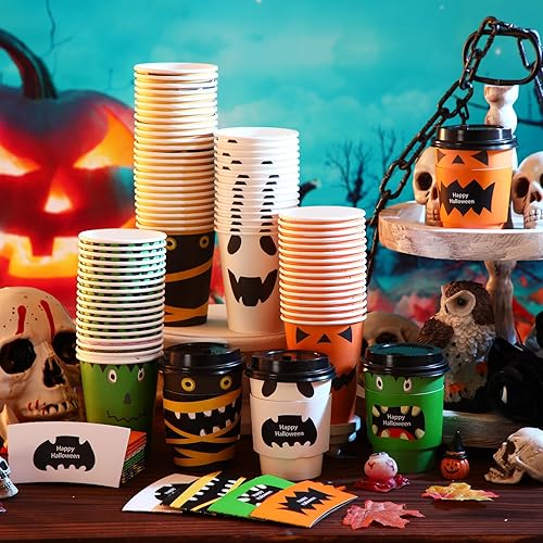 Miniatura 2 de Umigy Paquete de 100 tazas de café desechables de Halloween de 12 onzas, tazas de café de papel con tapas de cúpula y fundas para bebidas frías y