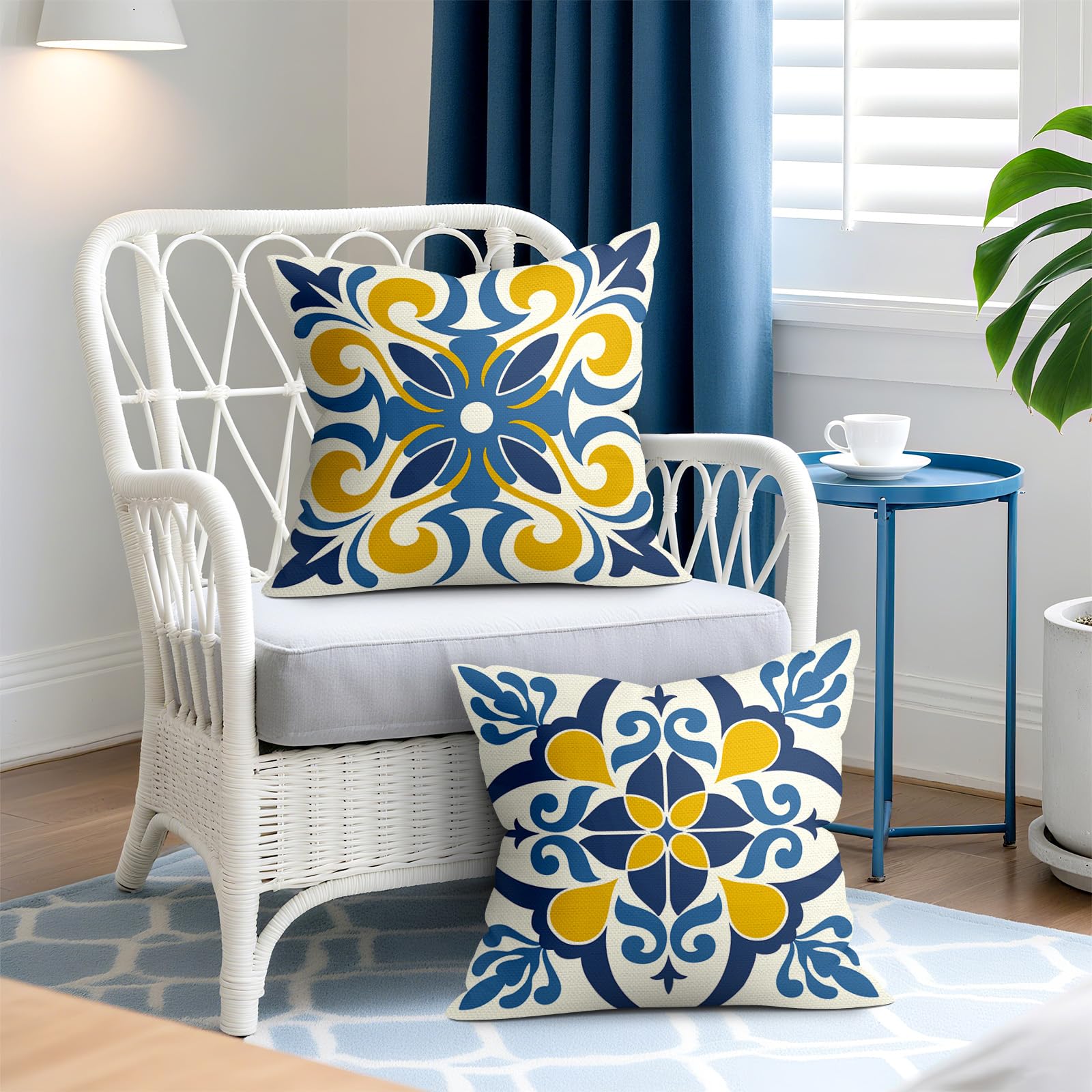 Fundas Cojines 45x45 Juego de 4 Funda de Almohada Flor Azul Mediterráneo Cojines Fundas Floral Geométrico Marroquí Mandala Cojine Decorativas para Sofá Salón Silla