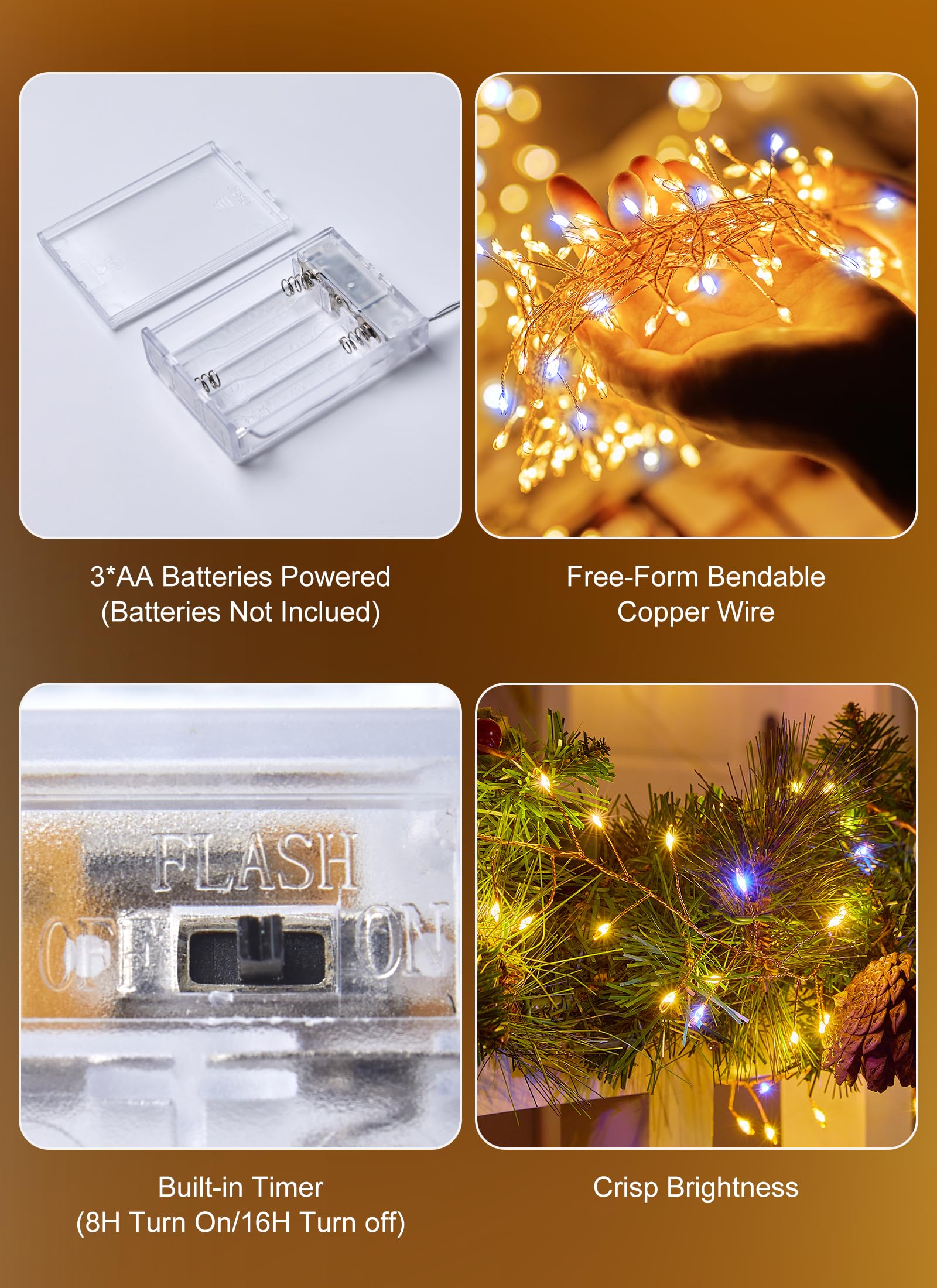 Guirnalda de luces para interiores, paquete de 4 unidades de 10 pies, 120 luces LED, funciona con pilas, con temporizador para decoraciones de Navidad, manualidades, centros de mesa de boda