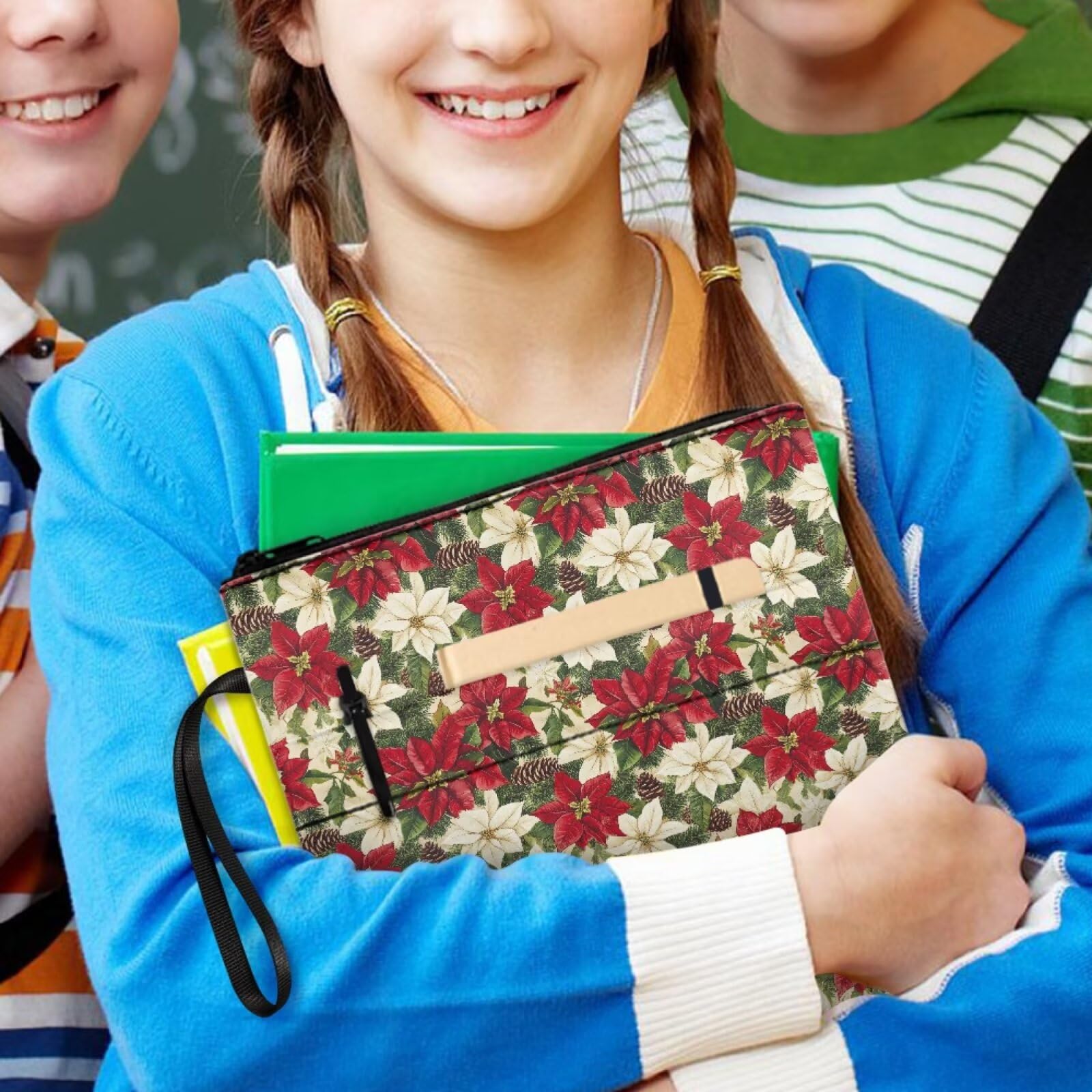 Binienty Retro Christmas Floral Book Sleeve with Zipper for Kids Teens Book Cover Pouch for Paperback Large Fabric Book Carry Case - Image 4