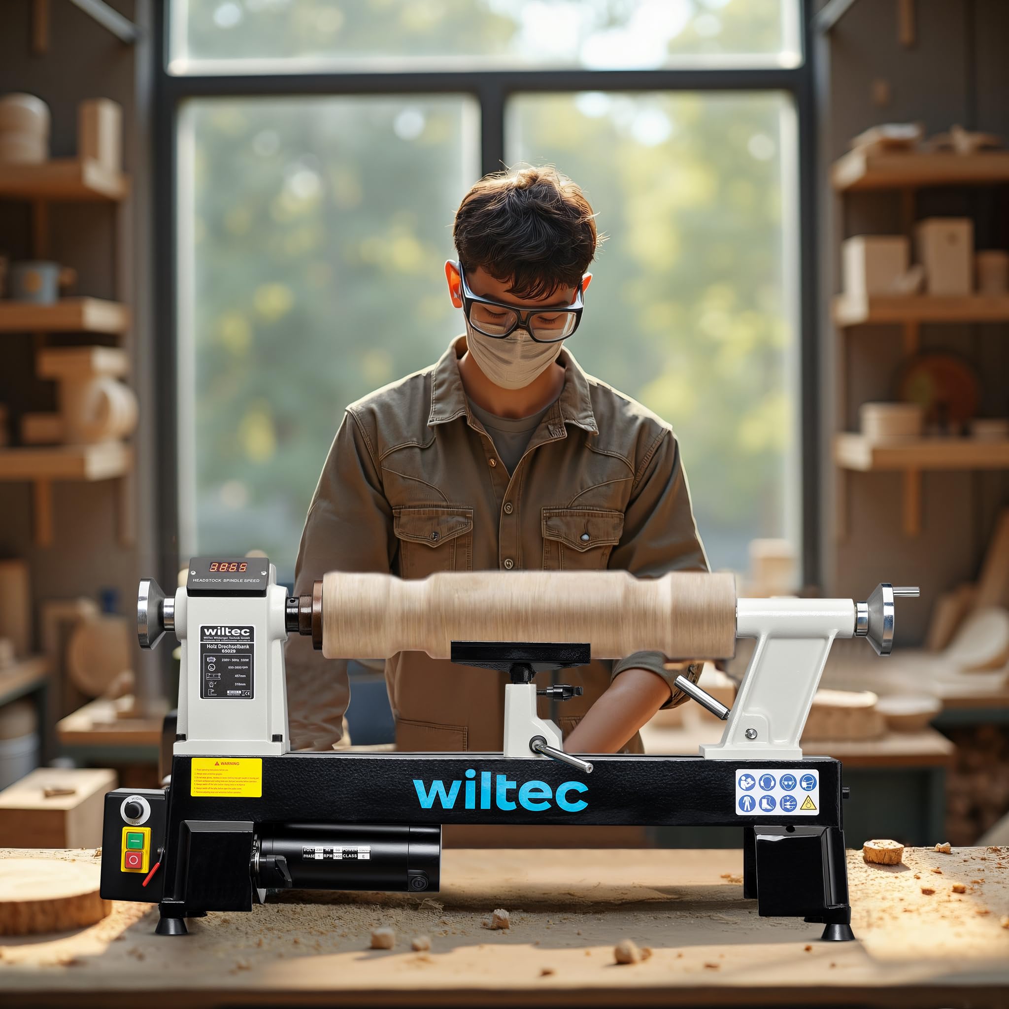 Wiltec Torno de madera 550 W velocidad variable 650-3800 rpm, máquina para madera con placa frontal, herramienta para tornear madera hasta 457 mm de largo