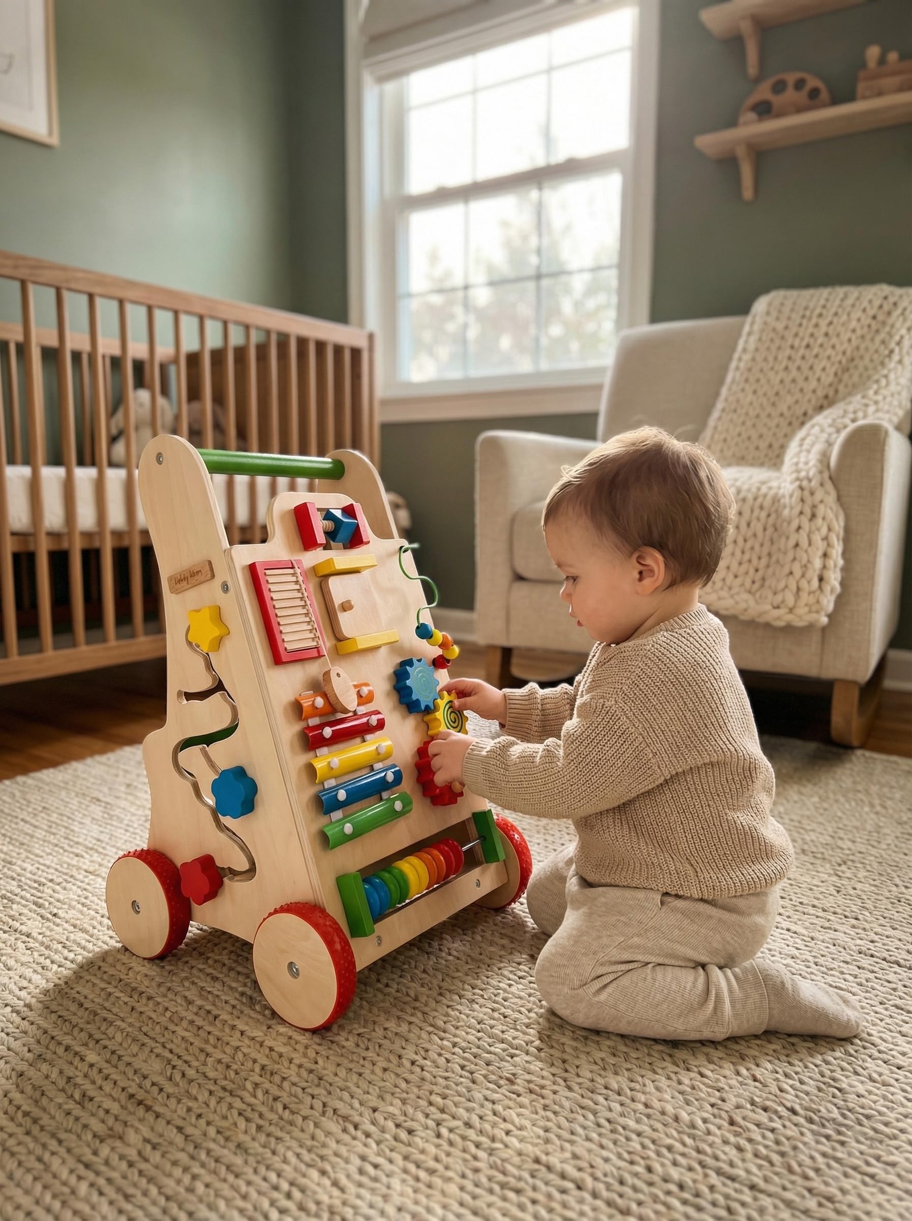 KiddyMoon Drewniany chodzik interaktywna zabawka edukacyjna dla dzieci wielofunkcyjna zabawka do pchania dla niemowląt Montessori Walker dla dzieci model WK-002, wielokolorowa