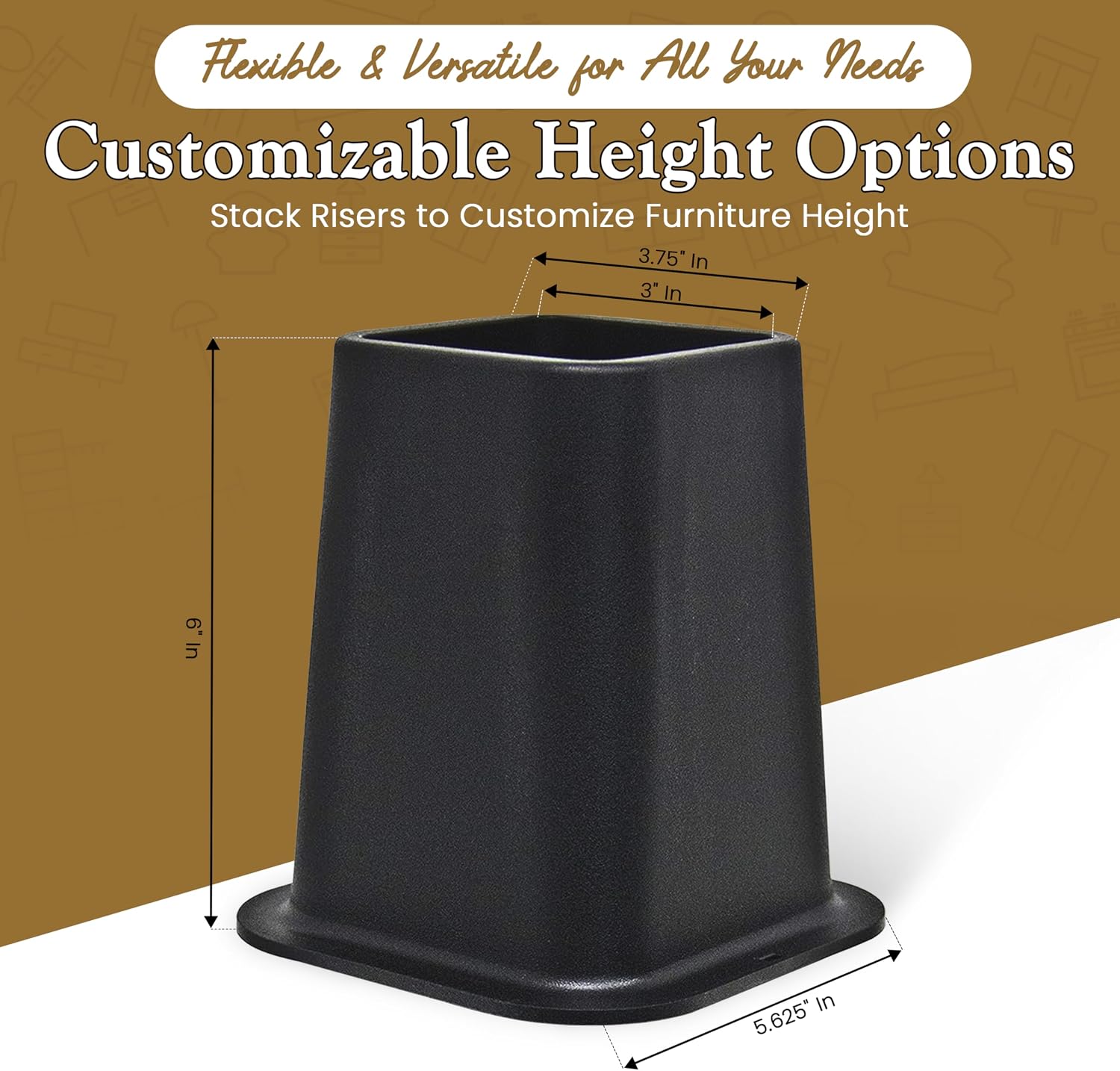 Kings Brand Furniture 6-inch Bed Risers - Set of 4 Black Heavy Duty Stackable Furniture Risers for Under Bed Storage, Desk, Sofa, Couch