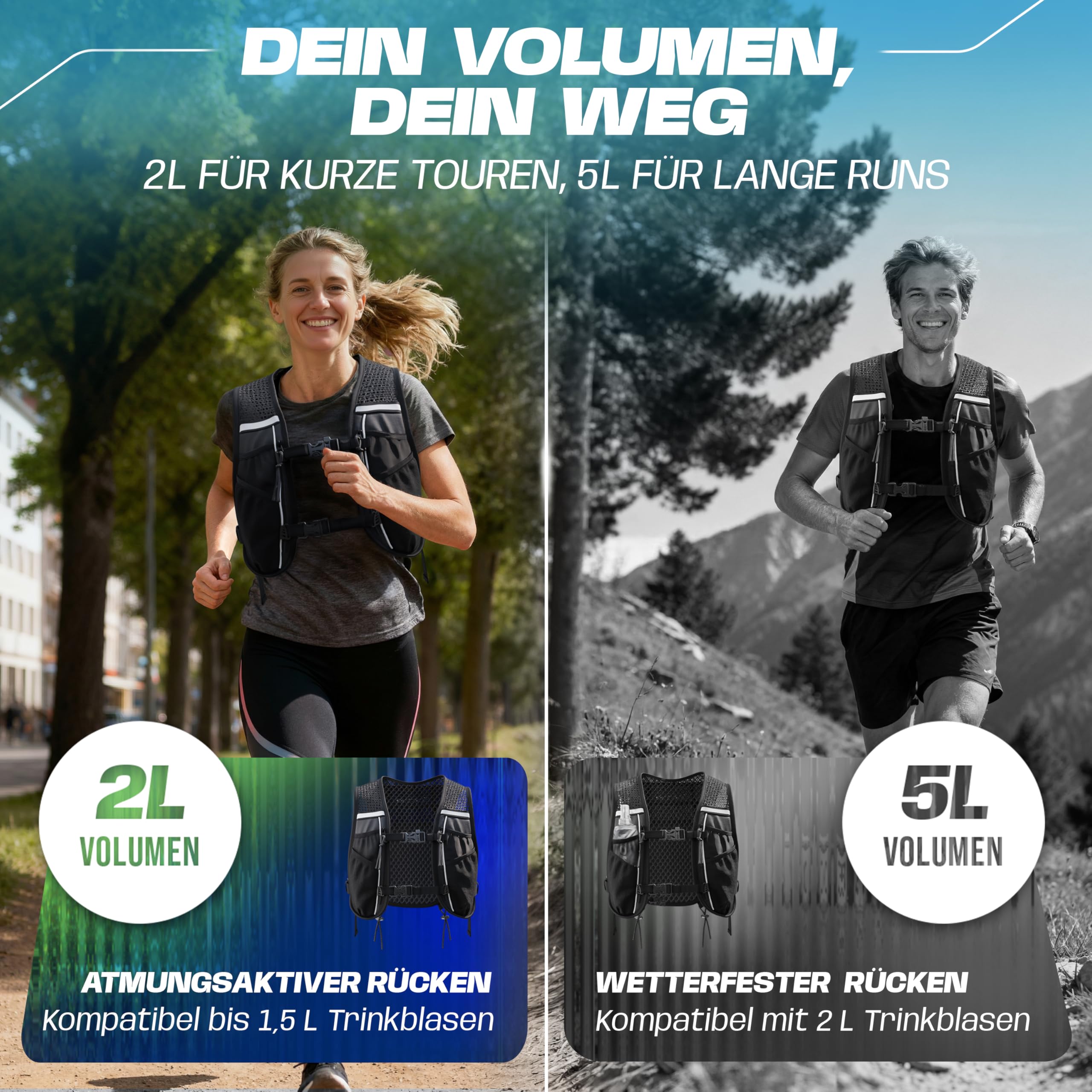 SASMO® Gilet da corsa da donna e da uomo, 5 l/2 l, ultraleggero e traspirante, zaino da corsa da donna, 8 tasche, gilet da corsa da uomo