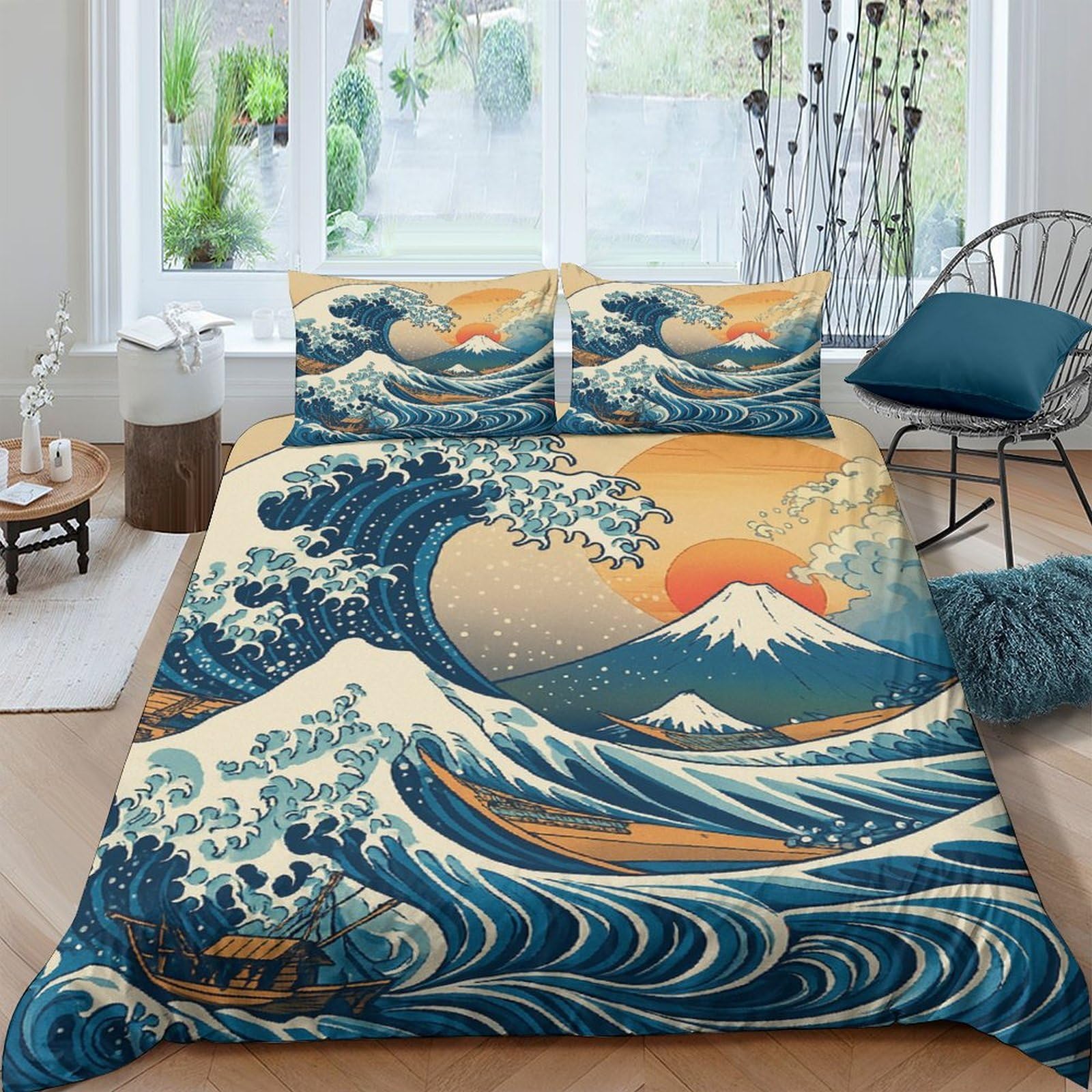 Ctjqhvkz Style-1 3D Printed Great Wave Fitted Sheet Microfiber Soft Japanese Art Sunrise Mattress Cover Bedroom Dorm Decor Single（135X200cm）