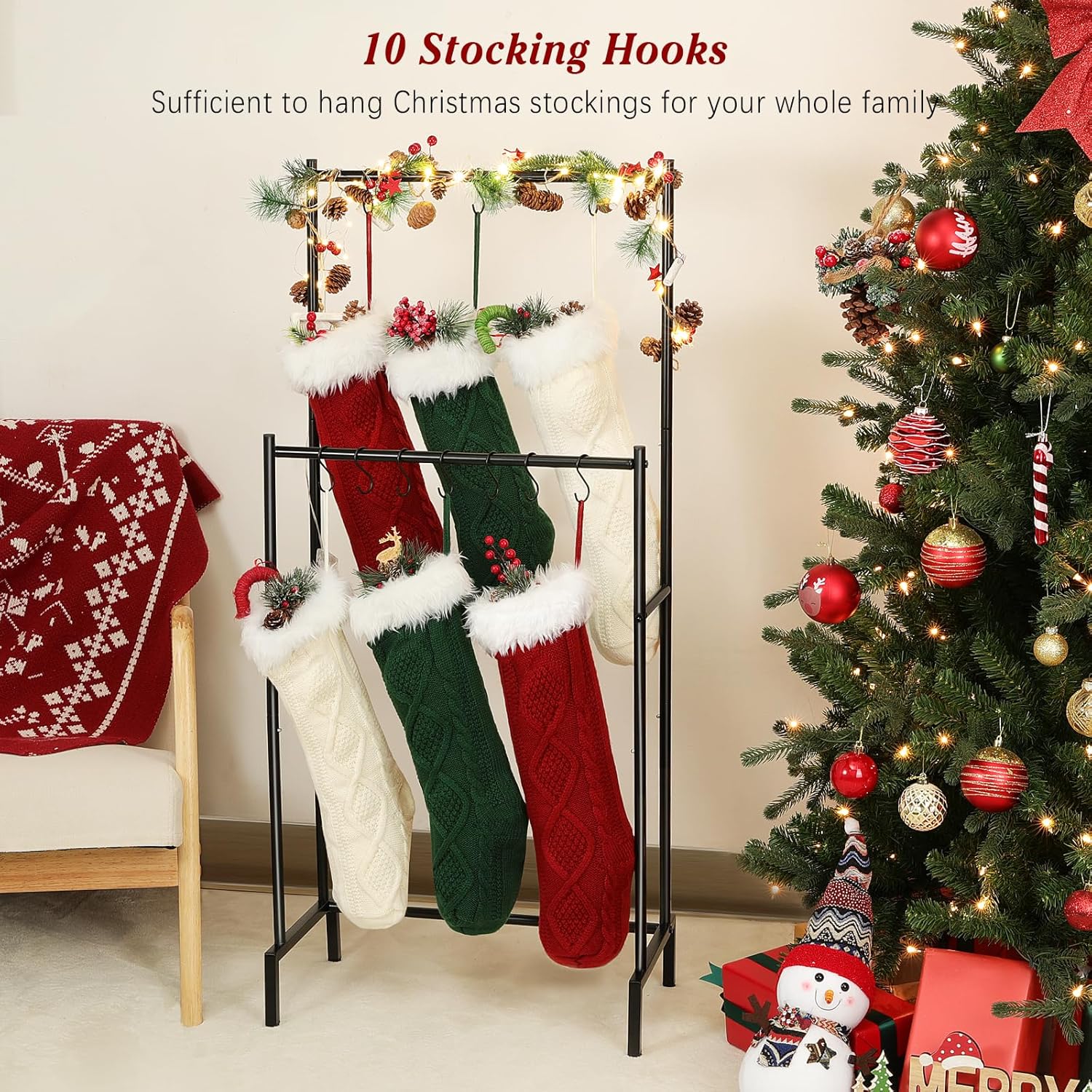 Christmas Stocking Holder Stand with 10 Hooks, Double Rods Stocking Hanger, Christmas Socks Holder Stand for Floor, Décor Hanger Display for Home, Black