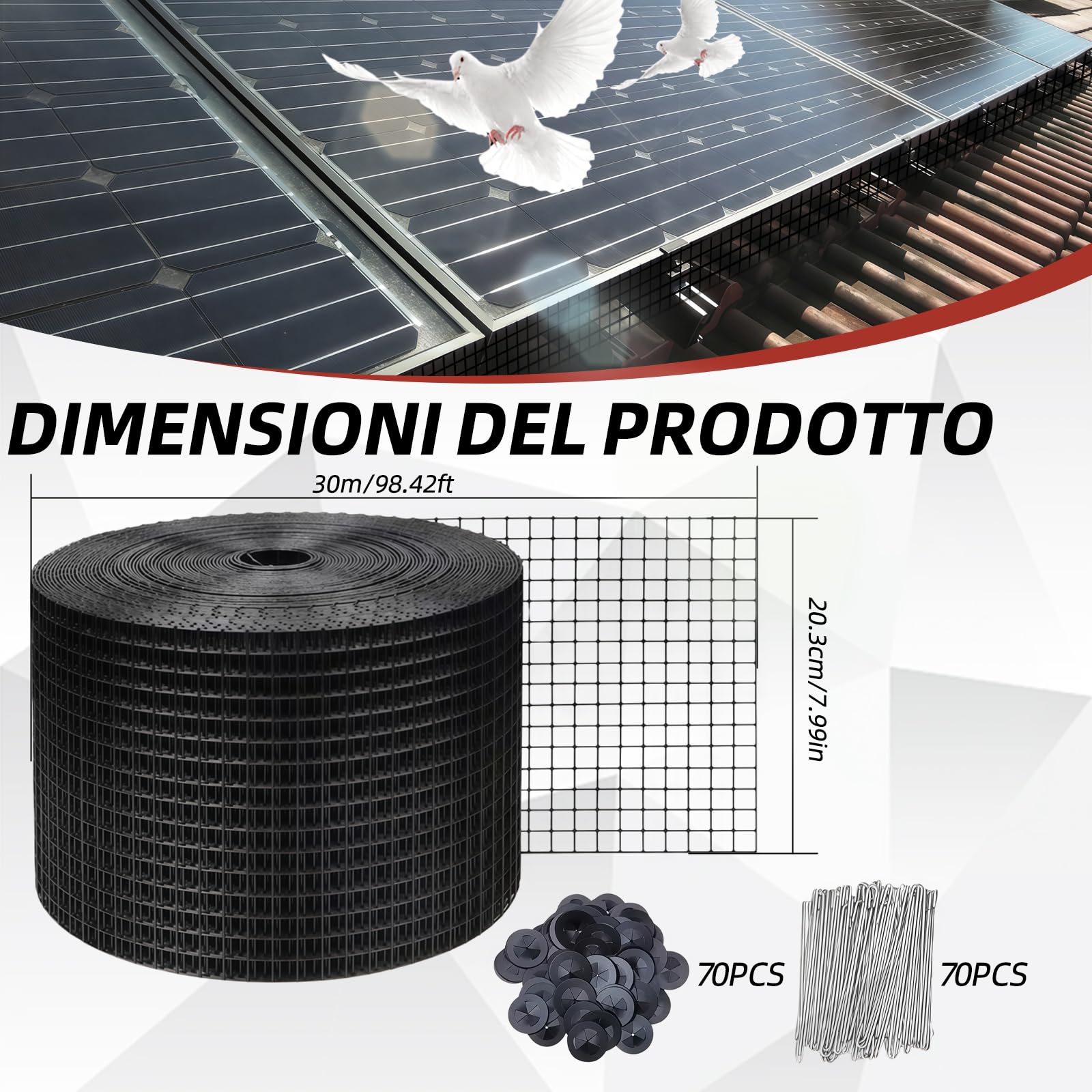 Rete di protezione dagli uccelli per pannelli solari, 30 m x 20 cm, rivestita in PVC, antiruggine, con 100 fascette stringicavo