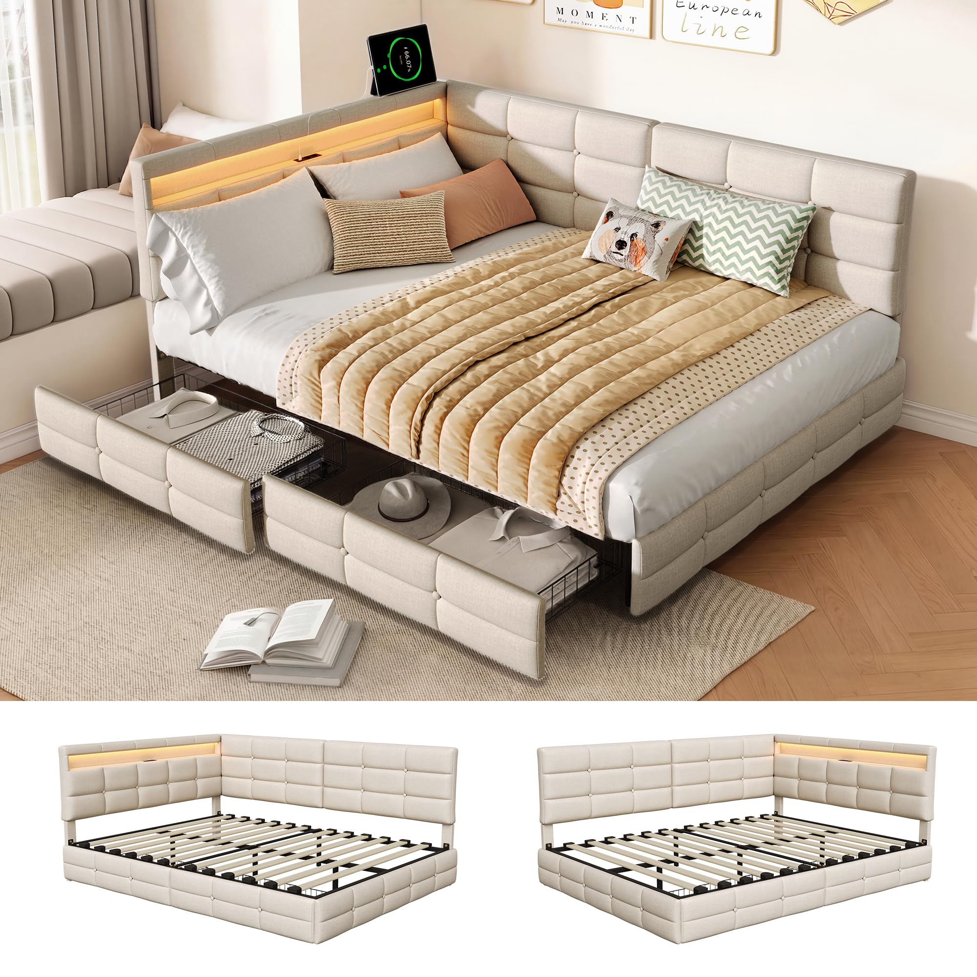 Letto Contenitore 140x190 con 2 Cassetti, Letto Imbottito Matrimoniale con Illuminazione a LED e USB, Divano Letto con Rete a Doghe per Soggiorno, Camera da Letto