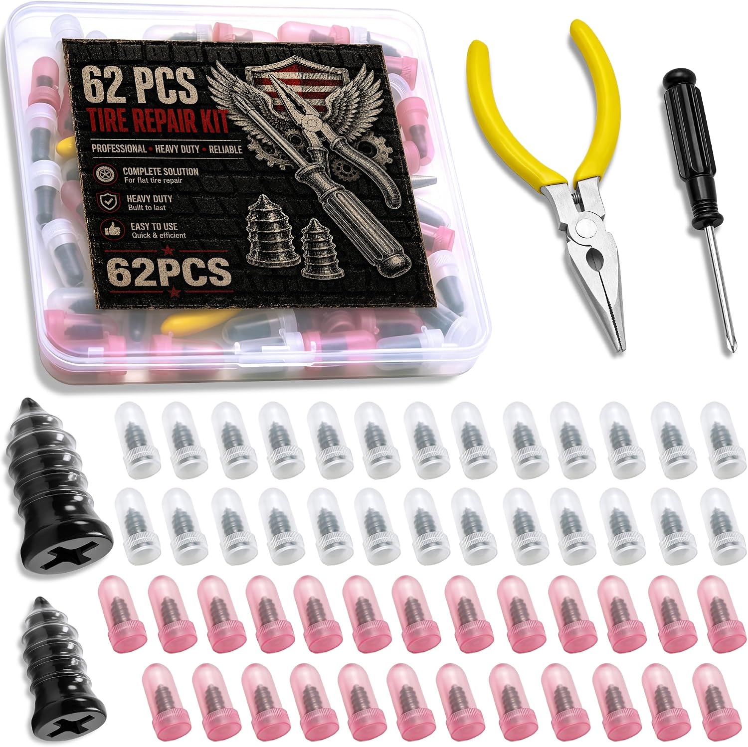 Scartink 62PCS Tire Repair Kit & Screw Type Rubber Plugs, 2 Sizes Self-Tapping Screws with Storage Case, Screwdriver & Pliers for Car Truck SUV Motorcycle Bike