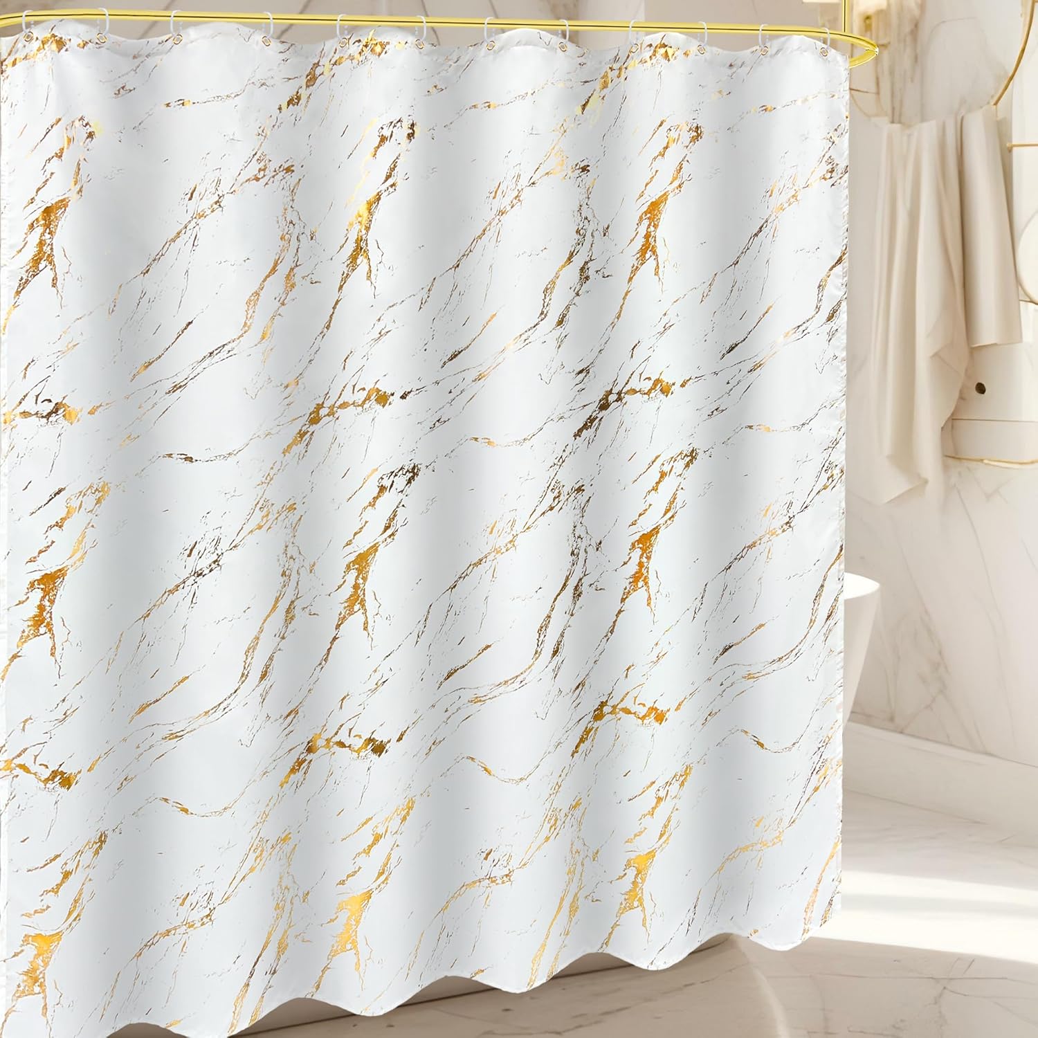 Glawry White Gold Marble Shower Curtain Abstract Crack Texture Geometric Elegant Luxury Bathroom Contemporary Simple Minimalism 72Wx72L Inches Bath Accessories Art Home Decor Fabric 12 Pack Hook