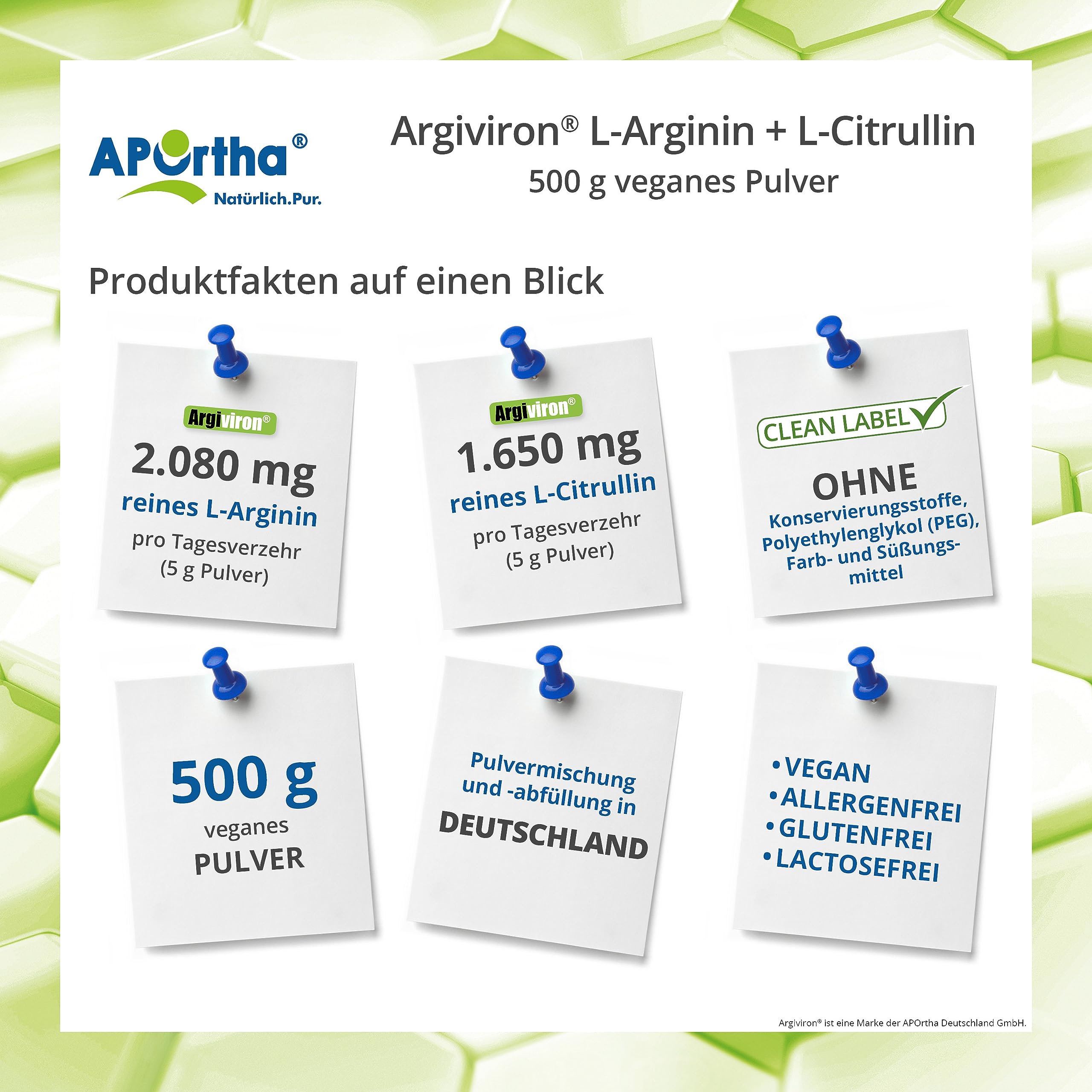 APOrtha® ARGIVIRON® L-Arginin + L-Citrullin 500 g veganes Pulver, Hochdosiert im Verhältnis von 2 zu 1,6 von L-Arginin zu L-Citrullin, allergenfrei, laktosefrei & glutenfrei