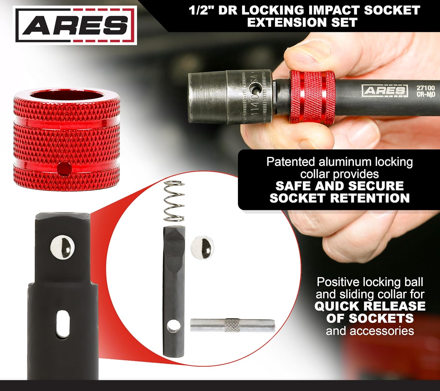 ARES 27098-3-Piece 1/2-Inch Drive Locking Impact Socket Extension Set – Aluminum Locking Ring Collar for Quick Release of Sockets and Accessories – 3-Inch, 6-Inch, and 12-Inch Extensions