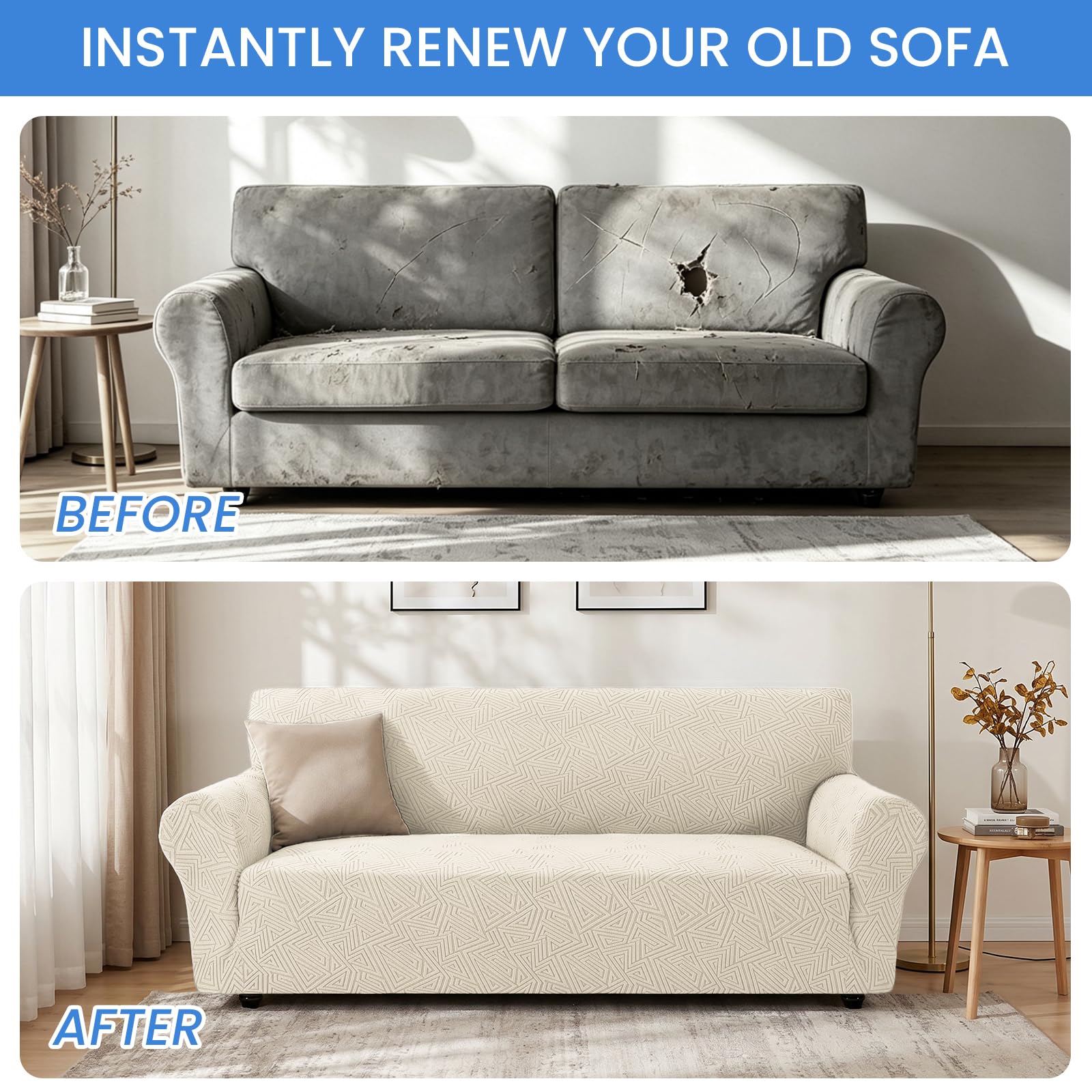 Ystyle Stretch Sofa Überzug 3 Sitzer, Beige | Elastisch Couch Überzug mit Armlehnen, Moderne Sofaschoner Rutschfest, Sofaschutz für Hunde Katze, für Wohnzimmer