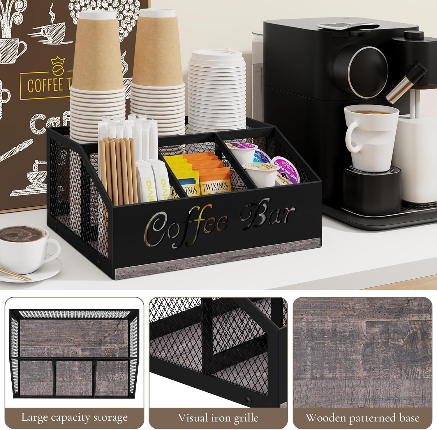 Coffee Bar Organizer for Countertop, Wooden Counter Station Organizer with Metal Mesh Basket, Coffee Bar Accessories Decor for Pods Condiment Syrup Tea Sugar, Gray