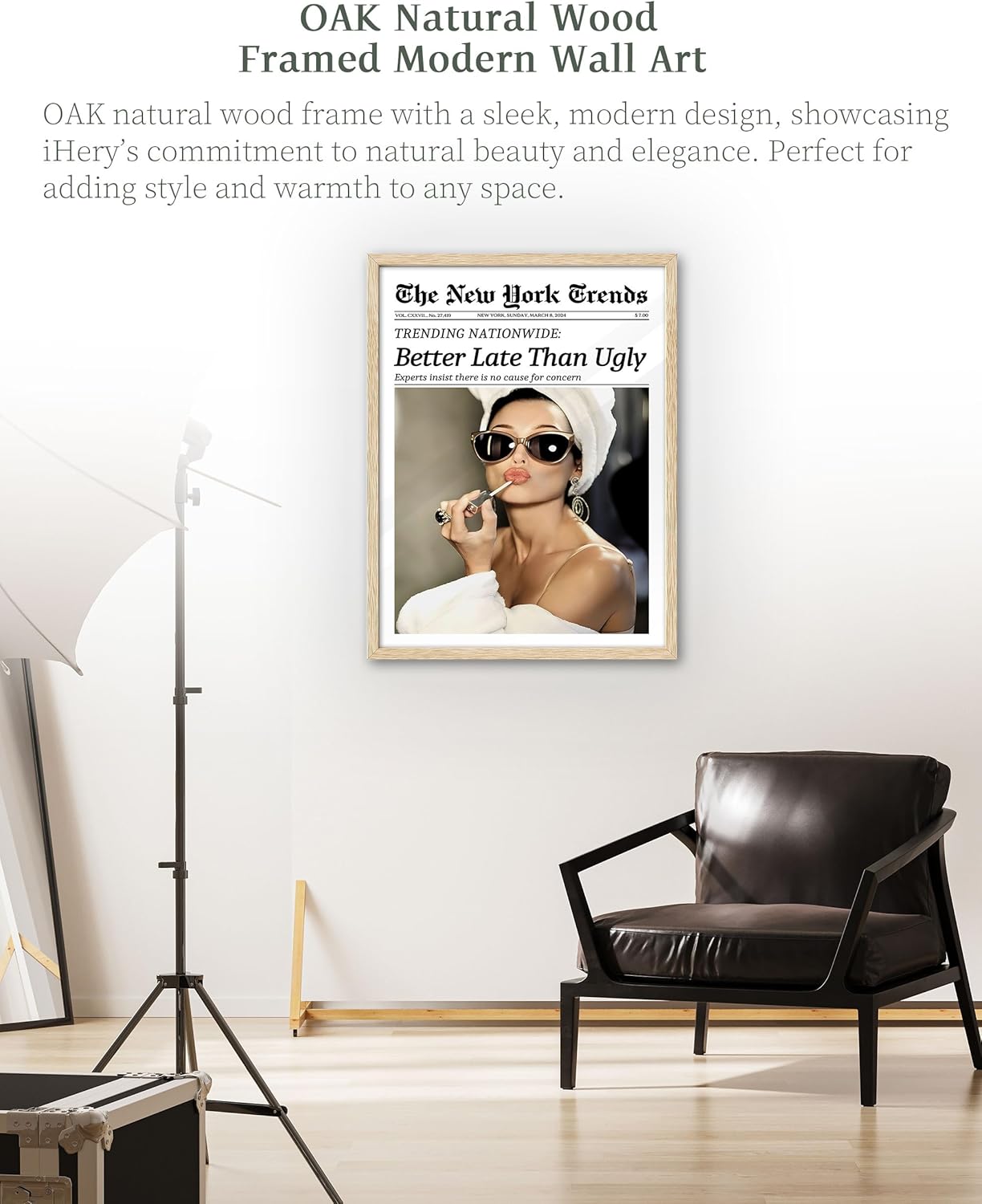 iHery Natural OAK Wood Hepburn Newspaper Trendy Framed Wall Art, 12x16 in Better Late Than Ugly Vintage Headline Canvas Art, Retro Bathroom Decor Art, Set of 1 Apartment Girly Dorm Room Bedroom