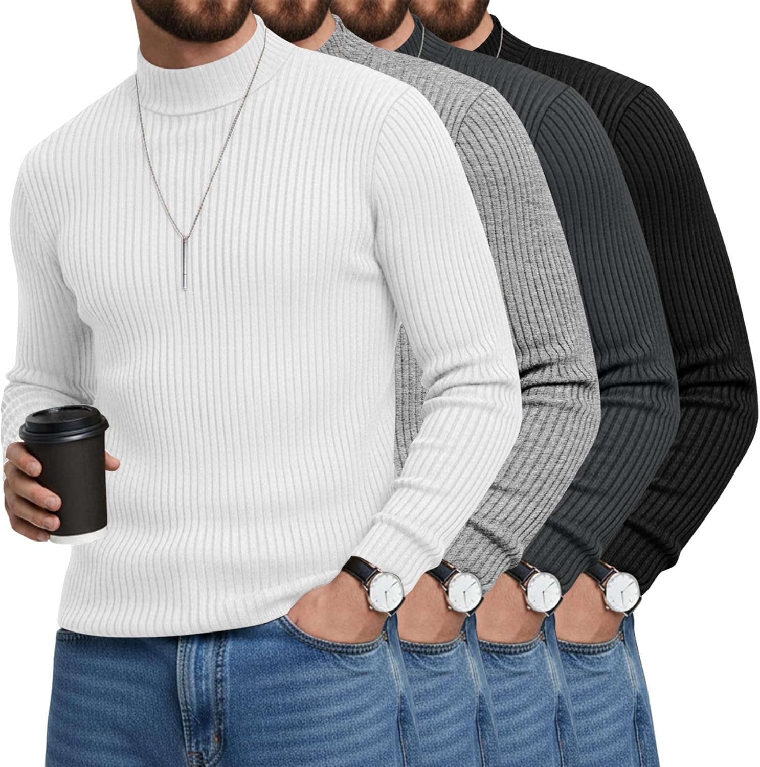 4 Pack Men's Mock Turtleneck T-Shirts Cotton Ribbed Knitted Long Sleeve Pullover Slim Fit Casual Basic Sweaters