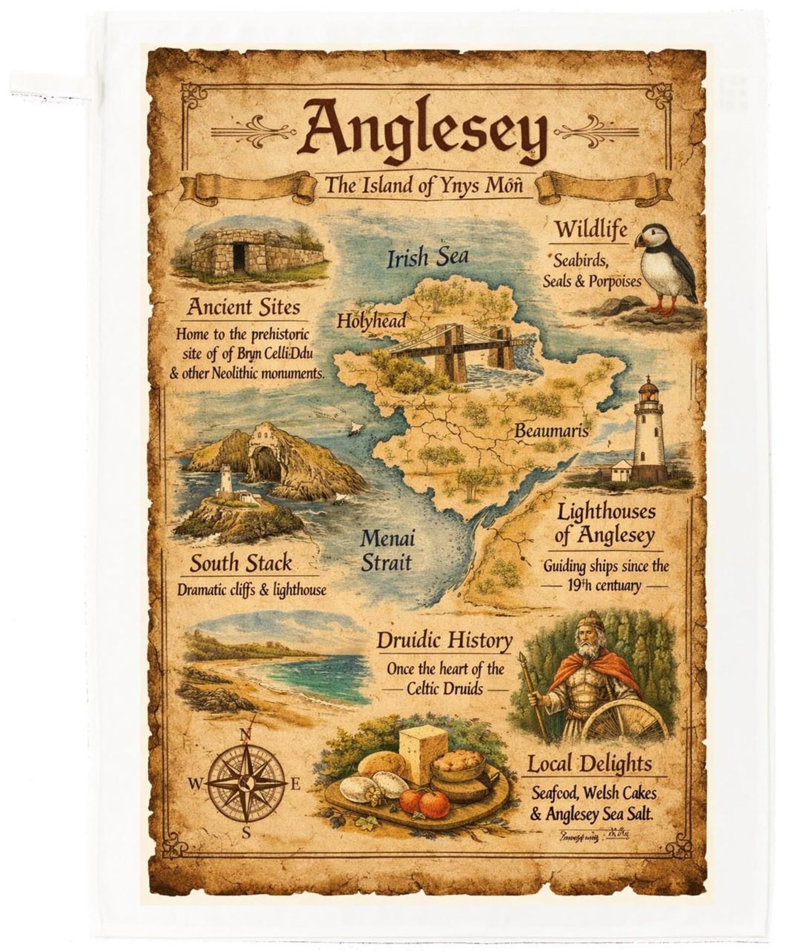 Half A Donkey White Anglesey Cotton Tea Towel – Illustrated Map Of Ynys Môn, Welsh Landmarks & Heritage Design