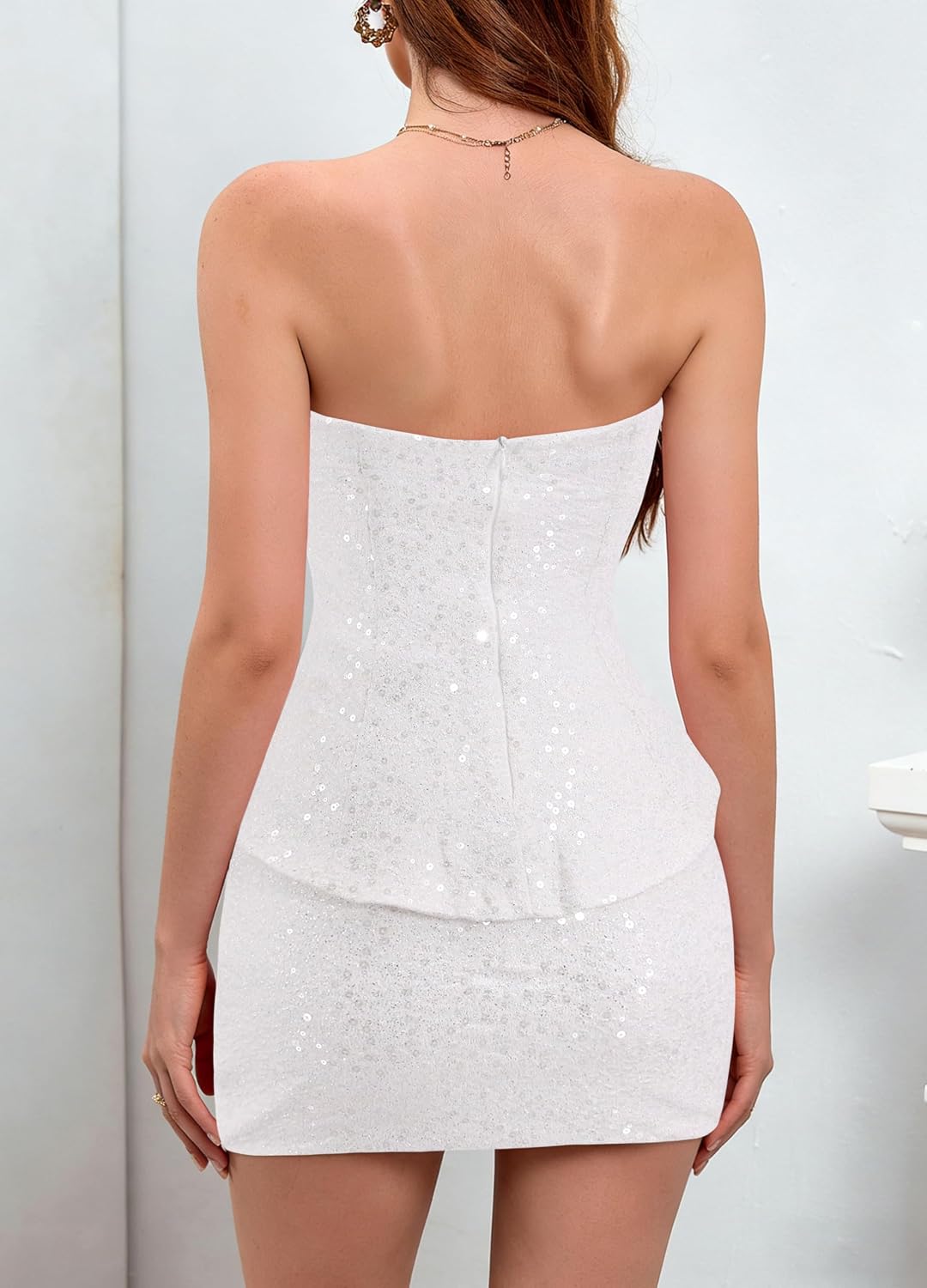Womens Sparkly Sequin Two Pieces Outfits Sleeveless Crop Tops Mini Skirt Party Dress