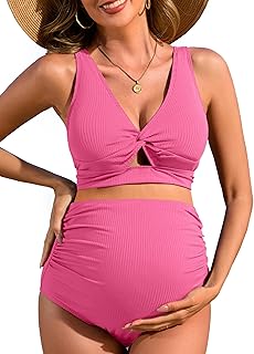 Charmo Maternity Swimsuit Ribbed High Waist Pregnancy Bikini Sets Twist Cutout Front Two Piece Bathing Suit Swimwear