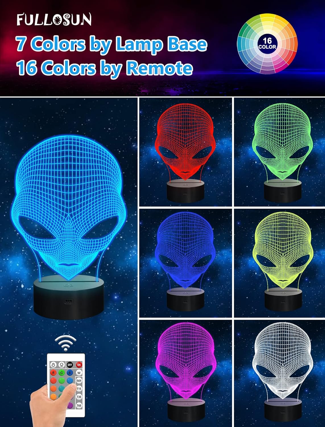 FULLOSUN 3D Night Light Alien Illusion Lamp, LED Martian ET Nightlight with Remote Control 16 Colors Changing Room Home Decor Xmas Cool Birthday Gifts for Boys Girls