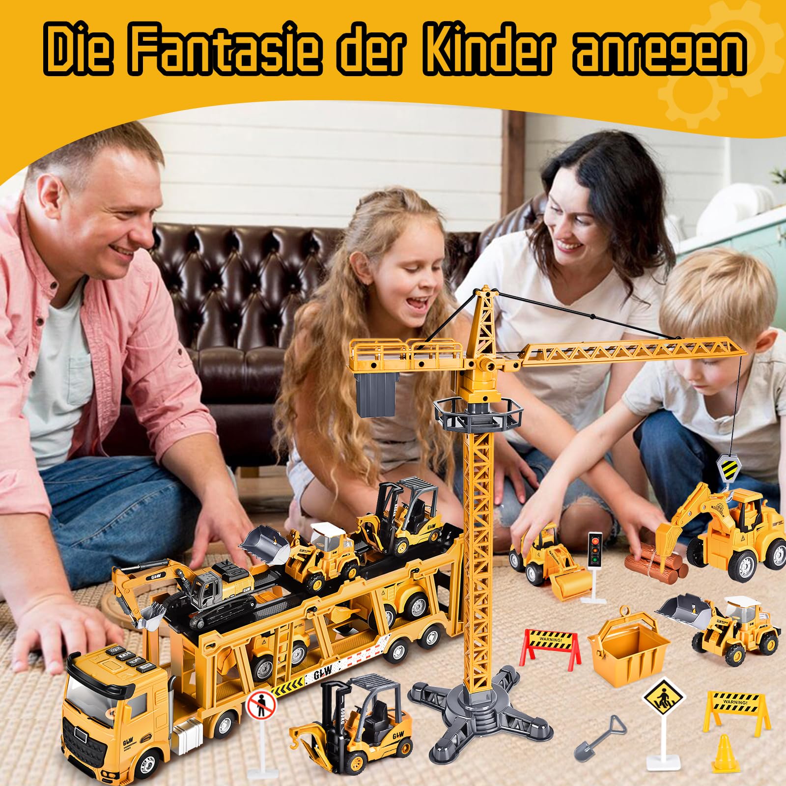 Herefun Baufahrzeug LKW Spielzeug Set, Baustellenfahrzeuge Kinder Set, Groß Kräne, Baufahrzeuge Kinder, Autotransporter Spielzeug Junge, Spielzeugautos ab 3 Jahre, Geschenke für Junge ab 3 Jahren