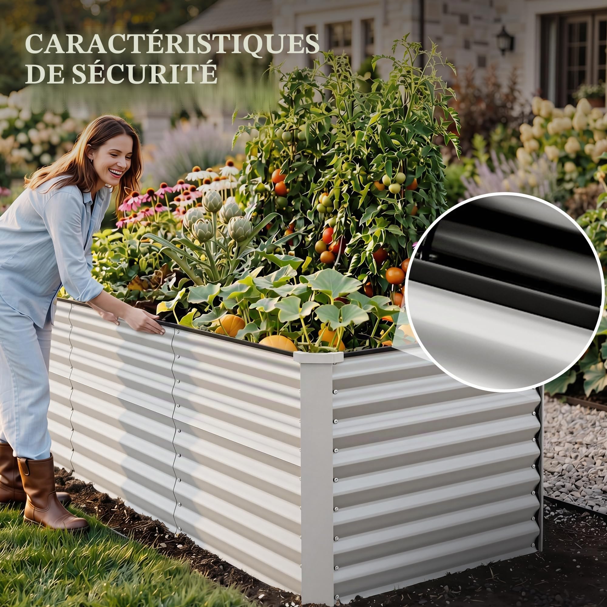 DWVO Jardinière surélevée en tôle d'acier galvanisée, Jardinière surélevée pour l'extérieur avec Bord de sécurité pour Le Jardin avec Barre de Support, Gants pour légumes (Argent, 240 x 90 x 70 cm)