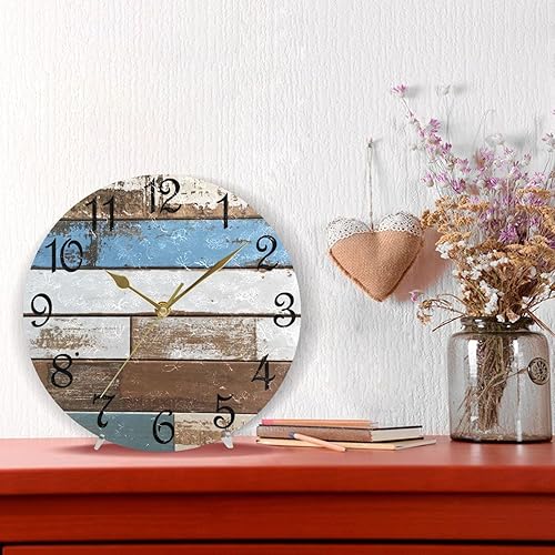 Miniatura 6 de Reloj de pared rústico retro con puerta de granero de madera, marrón, azul, funciona con pilas, silencioso, sin tictac, 10 pulgadas, reloj de mesa