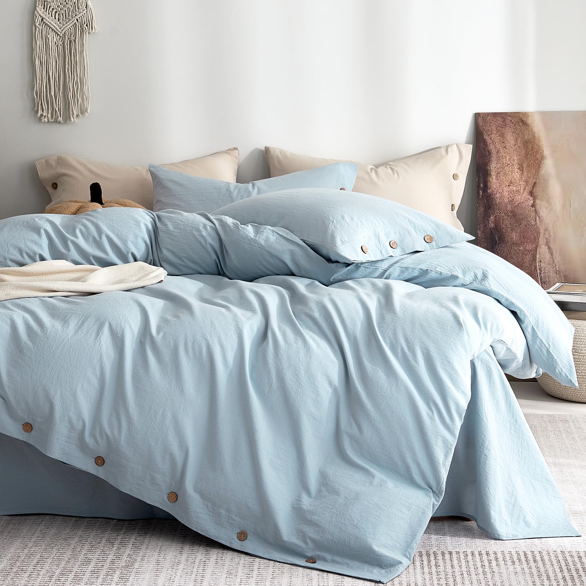 JELLYMONI 100% Washed Cotton Baby Blue Duvet Cover Full, Linen-Like
