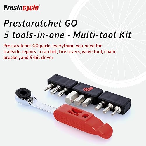 Miniatura 2 de Prestacycle Prestaratchet GO 5 en 1 Kit de herramientas múltiples para bicicleta, llave de trinquete, palanca de neumáticos, removedor de eslabones