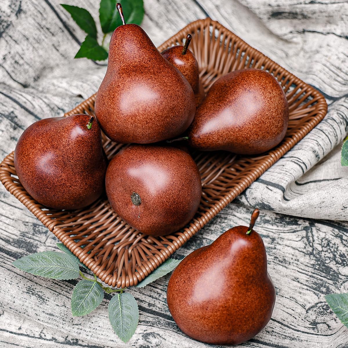 6 Pcs Faux Brown Pears - Realistic Fake Pear Artificial Fruit Decorations for Table Centerpiece, Decorative Pear for Home Kitchen Decor