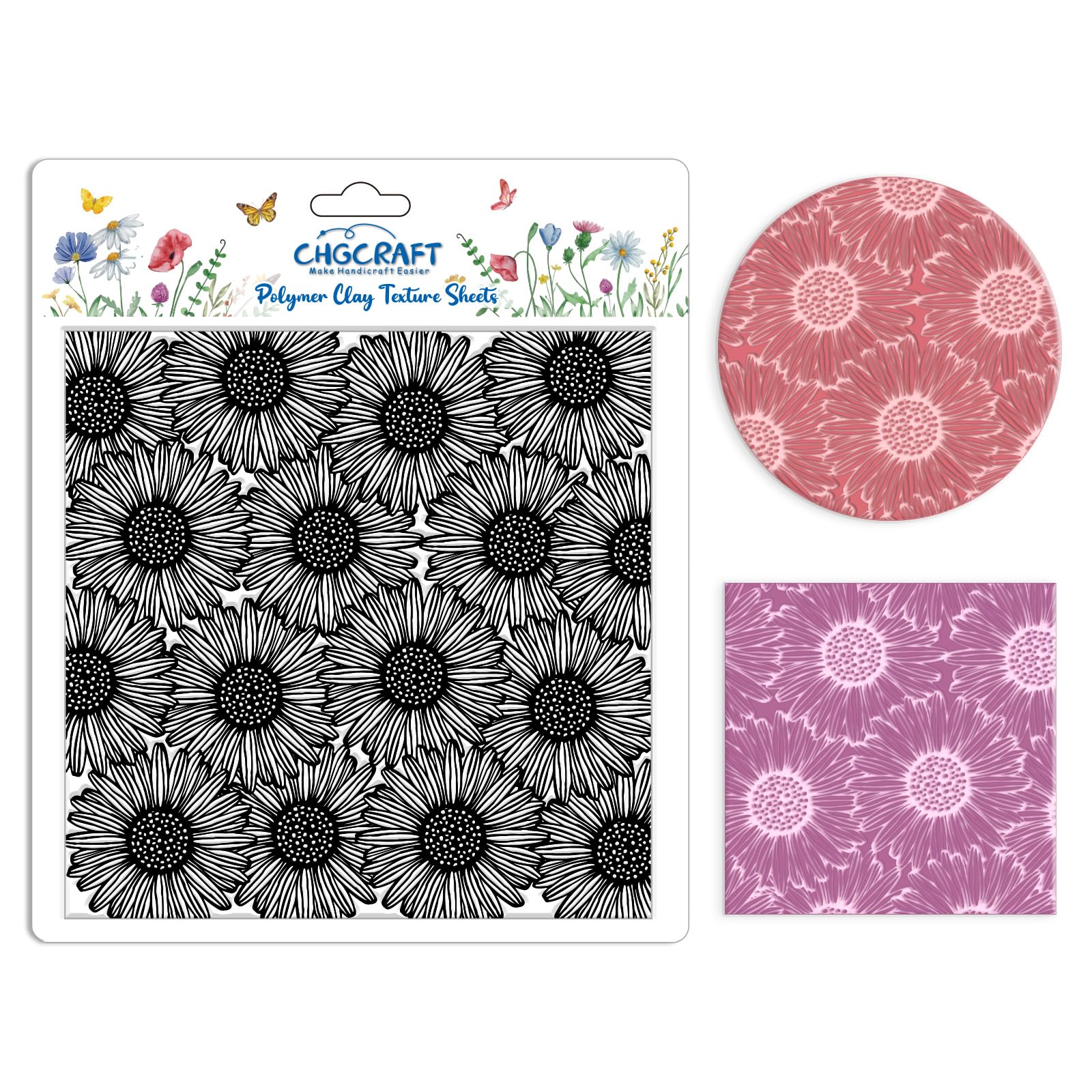 CHGCRAFT Wishing Flowers Pattern Polymer Clay Texture Sheets Silicone Texture Stamp Mat for Jewellery Clay Earrings Making Craft Tools 5.5x5.5 Inch