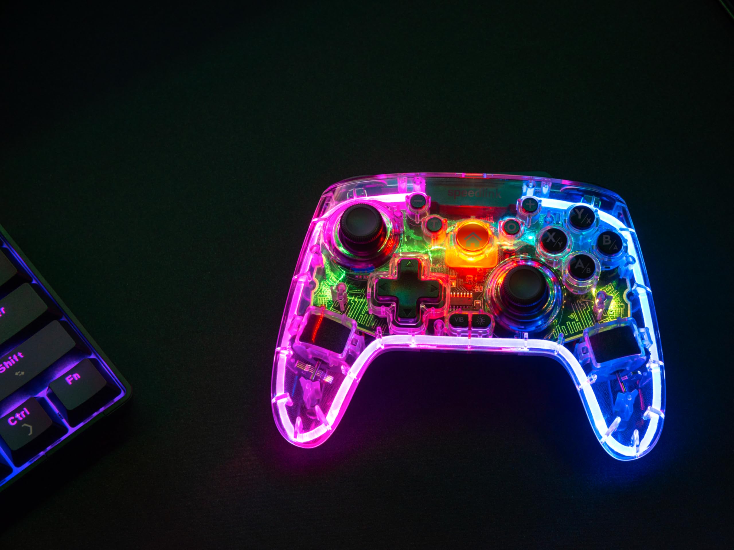Speedlink RAIT NX RGB Gamepad - Wireless Bluetooth/USB 2.4G Controller PC | /Switch/PS3/Android, Bluetooth & 2.4G USB, Hall Effekt Sensoren, Dual Vibration, Turbo-/Makro-Tasten, Transparent beleuchtet