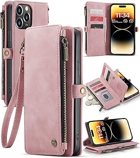 Defencase iPhone 14 Pro Max Case, iPhone 14 Pro Max Case Wallet for Women Men, Durable Leather Magnetic Buckle Flip Strap Wristlet Zipper Card Holder Phone Cases for iPhone 14 Pro Max 6.7