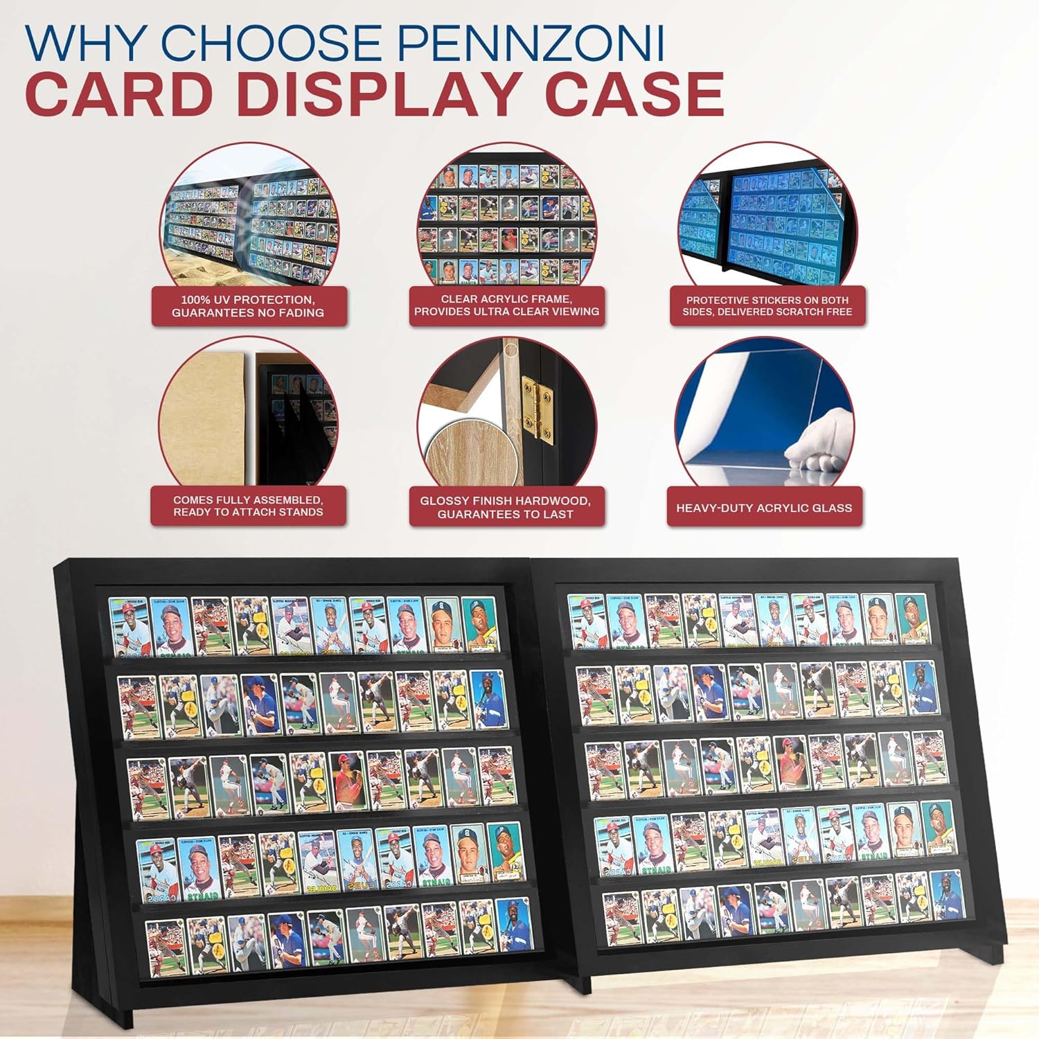 PENNZONI Baseball Card Display Case - Full Tabletop Sports Card Display Frame W/Standing Legs Lockable - Card Display for Football & Basketball - Trading Card Display - Black