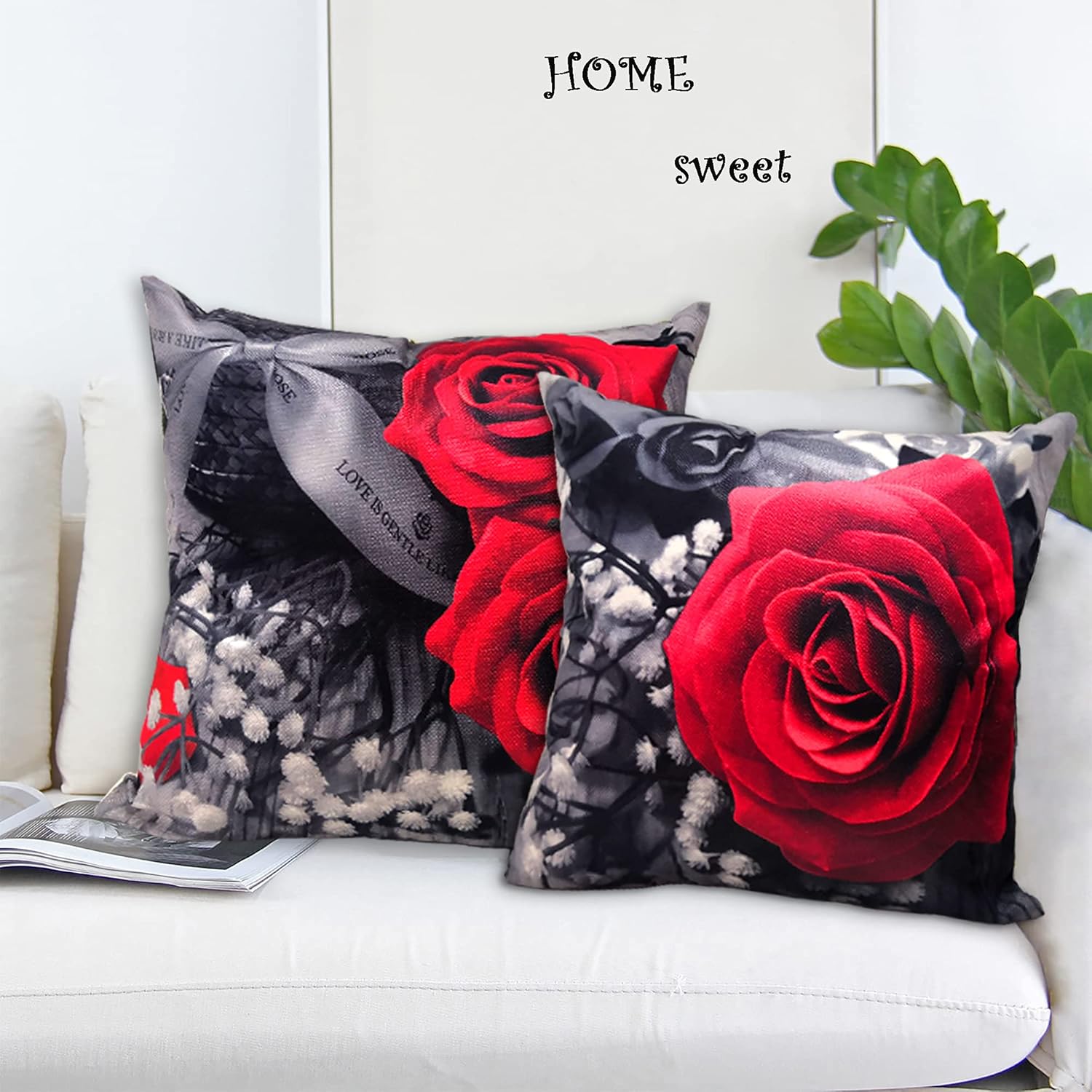 WINTAM Flower Throw Pillow Covers Black Red Rose Decorative Square Pillowcases 18x18 Set of 2 for Sofa Bedroom Living Room Decor Gift (Black Red)