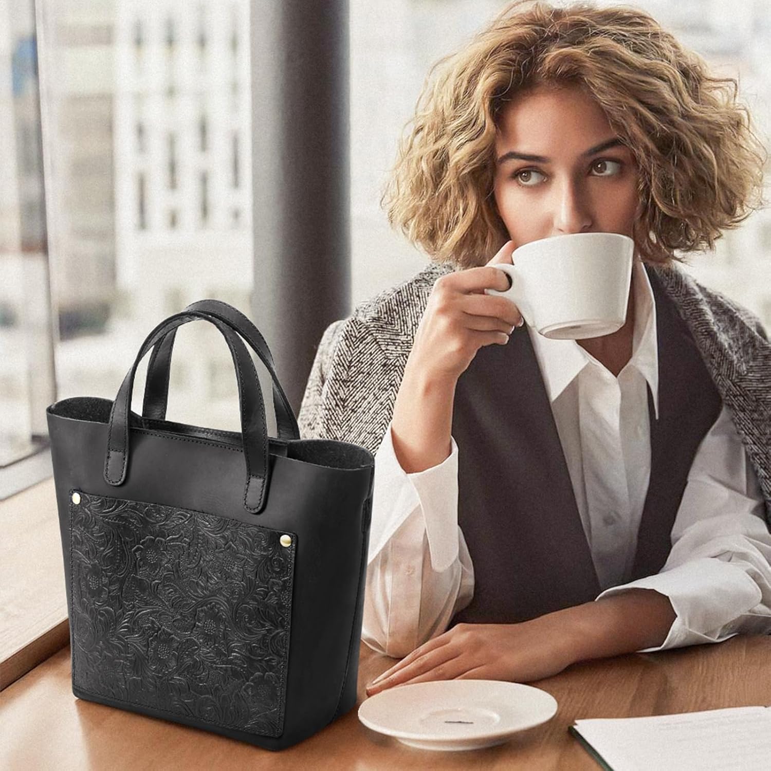 S-ZONE Leather Mini Crossbody Tote Bag Satchel Top-Handle Handbags Shoulder Purses with Inner Pouch - Image 2