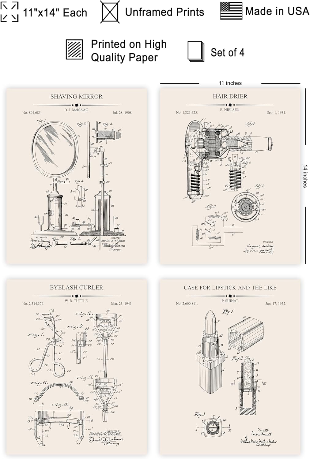 Poster Master 4-Piece Shaving Mirror Blueprint Poster - Hair Dryer Patent Print - Eyelash Curler Art - Make-Up Design - Lipstick Design - Technical Drawing - Spa or Salon Decor - 11x14 UNFRAMED