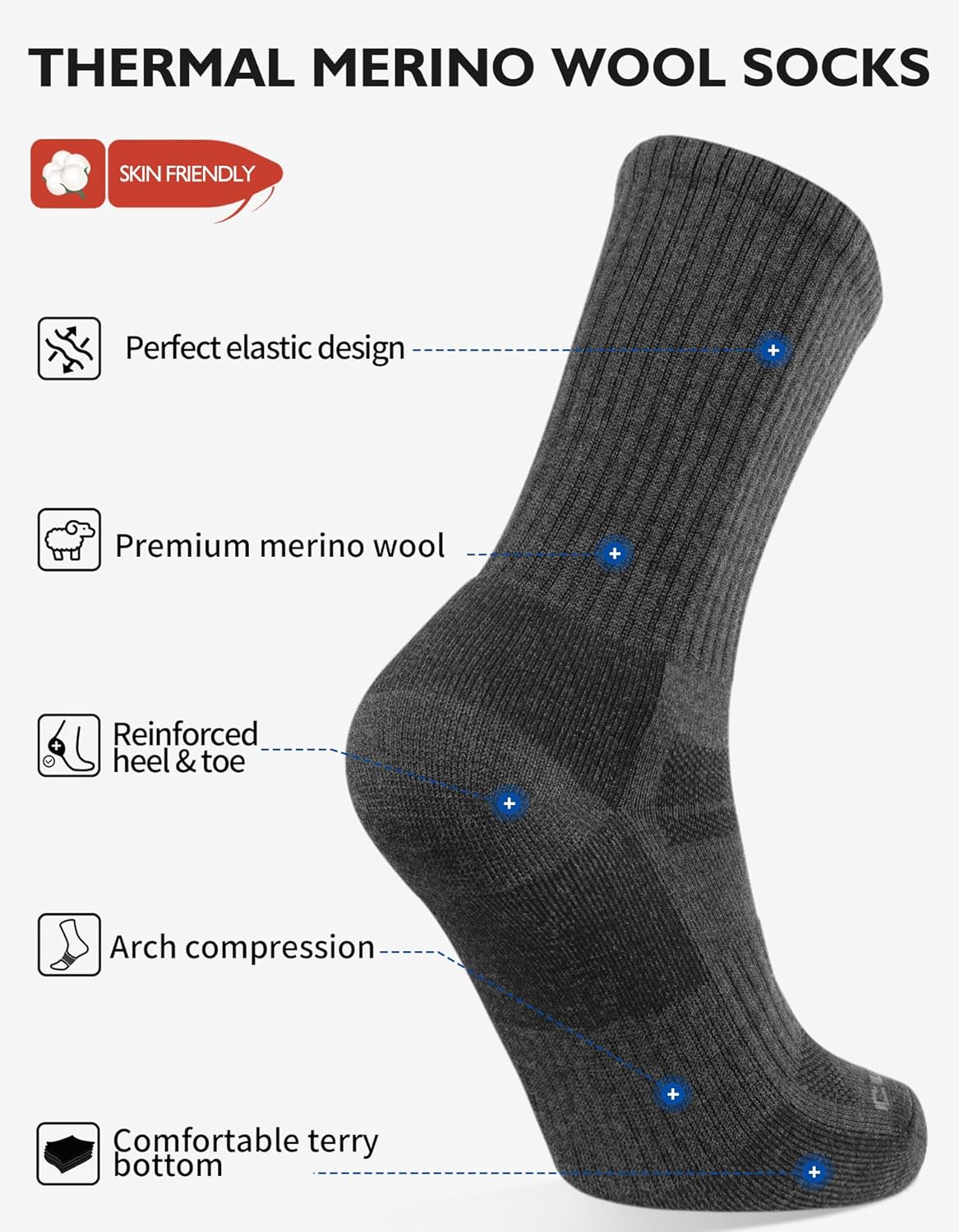 CLOSEMATE Mens Merino Wool Winter Thermal Crew Socks Cushioned Anti Blister Moisture Wicking for Hiking Sports 3 Pairs - Image 4