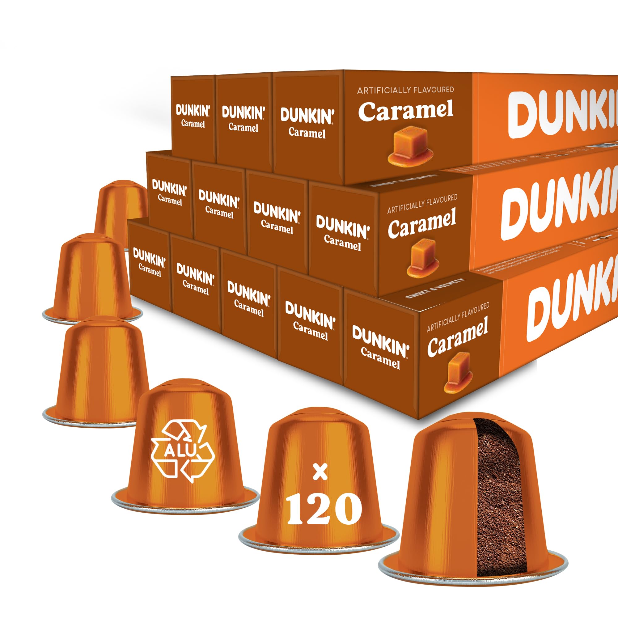 Dunkin' Donuts Caramel 120 Cápsulas | Compatibles Máquinas Nespresso Original Line | 100% Arabica | Tostado suave con nota de caramelo | Dulce, cremoso y aromático