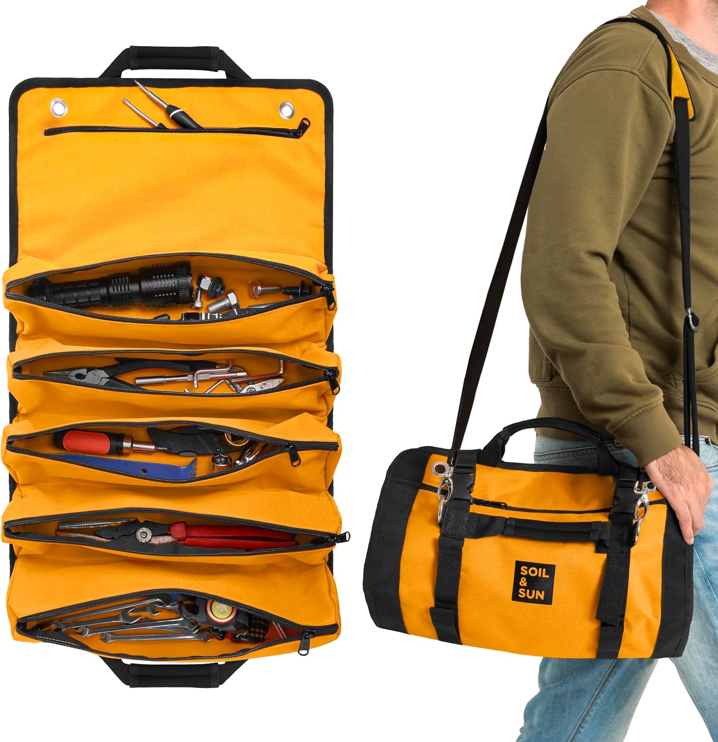 Soil & Sun Heavy Duty Tool Roll Bag Organizer - Travel roll up tool bag with 6 Zip Organizer Pouches - Compact Portable Tool Bags for Men, Contractors, Plumbers, Electricians - Man Gifts for Dad