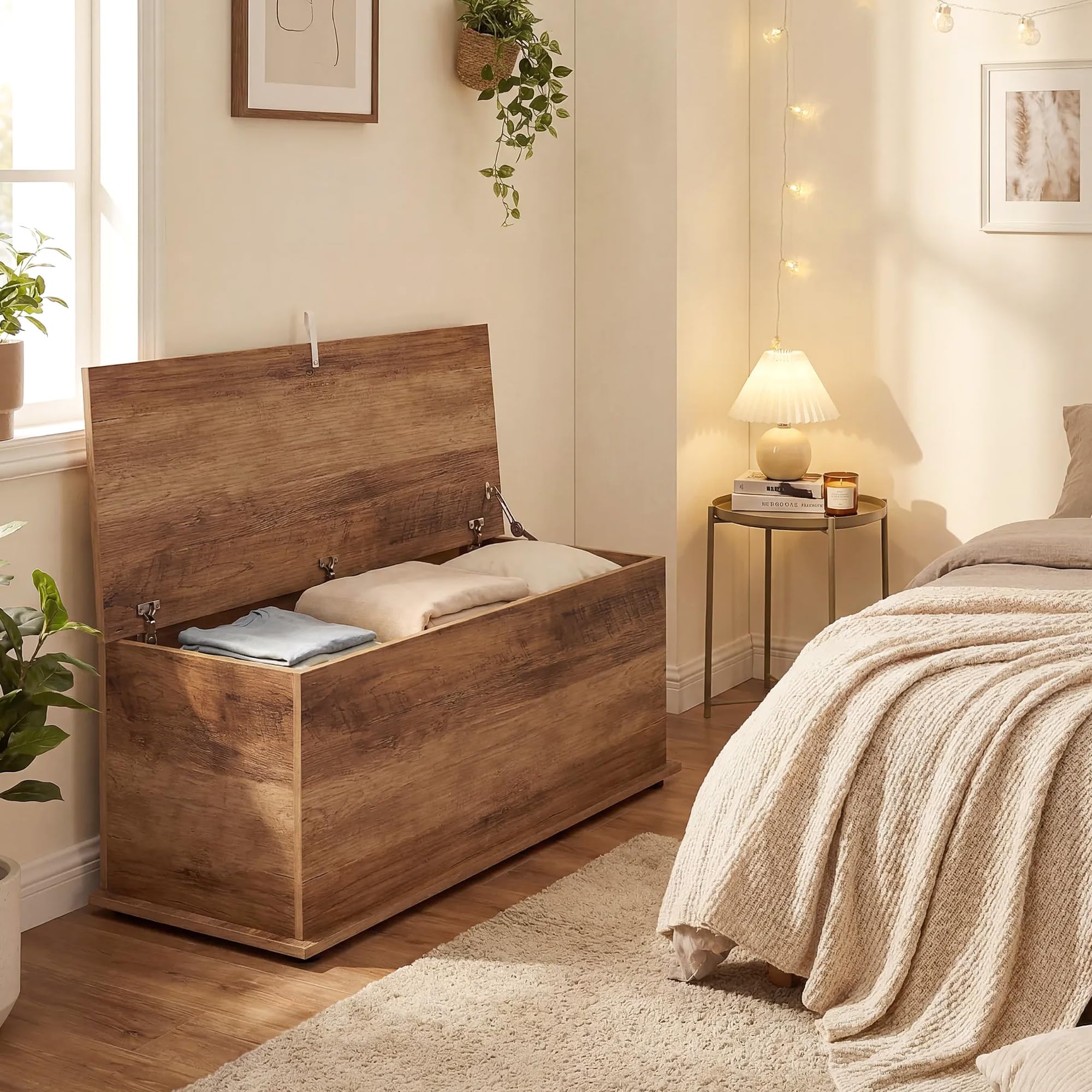 HOMCOM Cassapanca Contenitore da Interno 113L con Coperchio Ribaltabile, Baule Contenitore per Soggiorno e Ingresso, Panca Contenitore, Effetto Legno Marrone